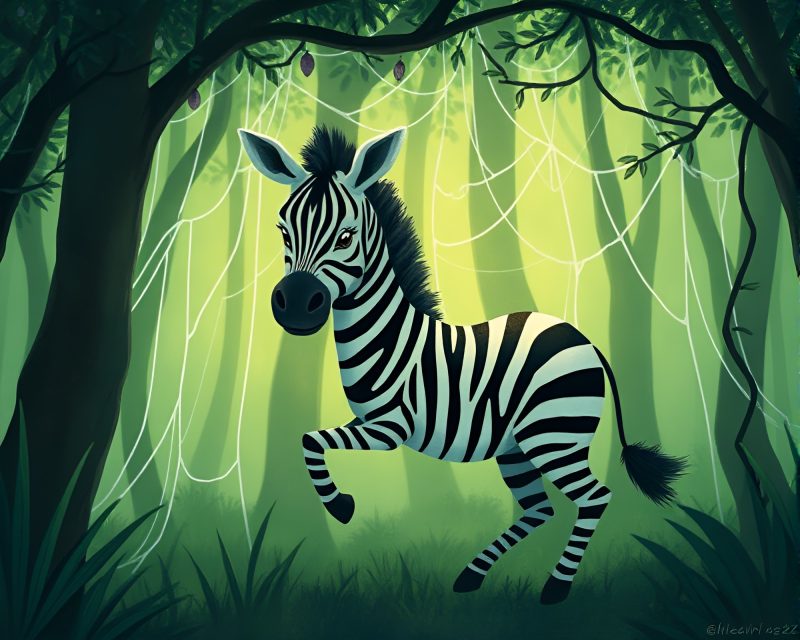 Enchanting Zebra in Forest Green Hues with Cobweb Strands – free AI stock image