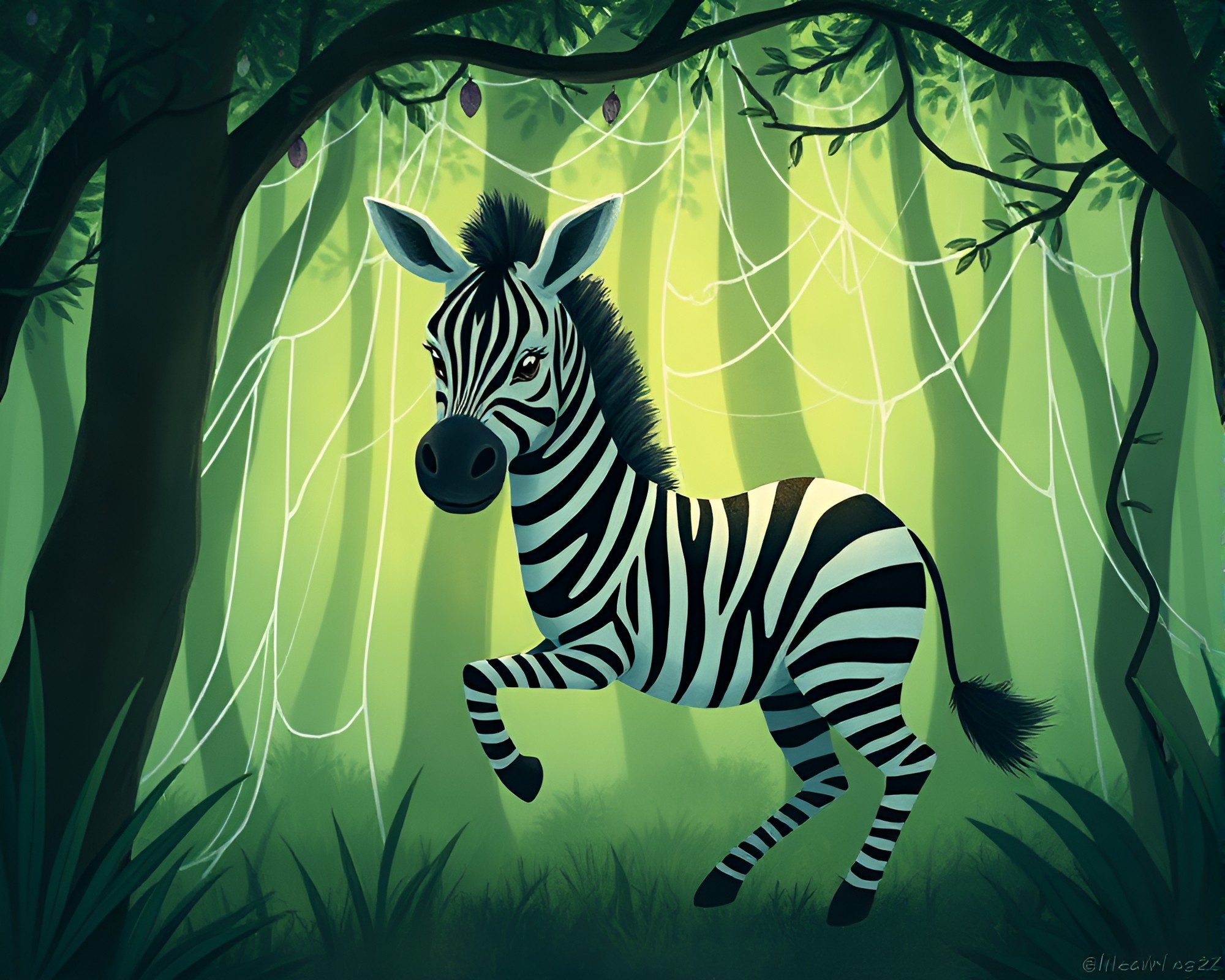 Enchanting Zebra in Forest Green Hues with Cobweb Strands – free AI stock image