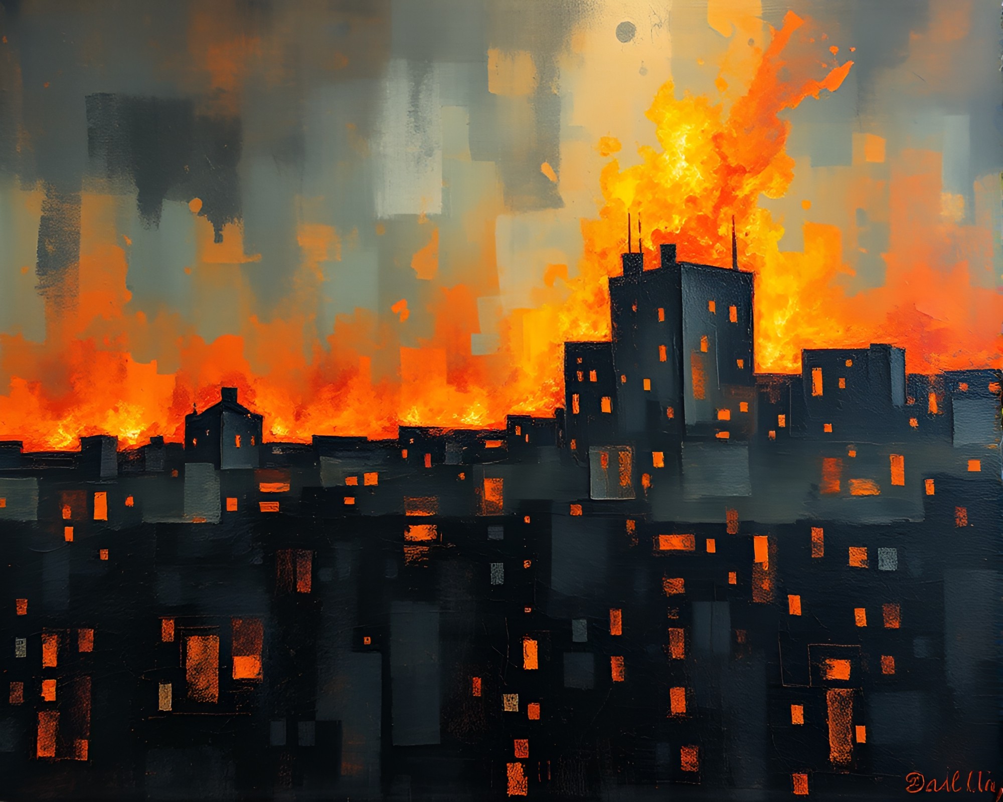 Brutalist Building Silhouetted in Bonfire Impasto Stencils – free AI stock image