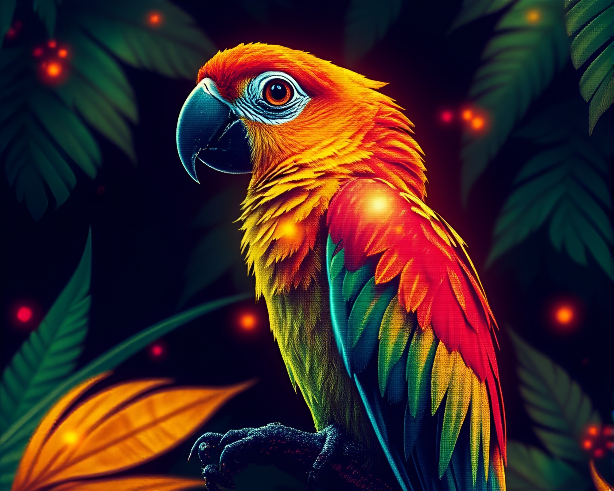 Fractal Glow Parrot in Dystopian Halftone Grid – free AI stock image