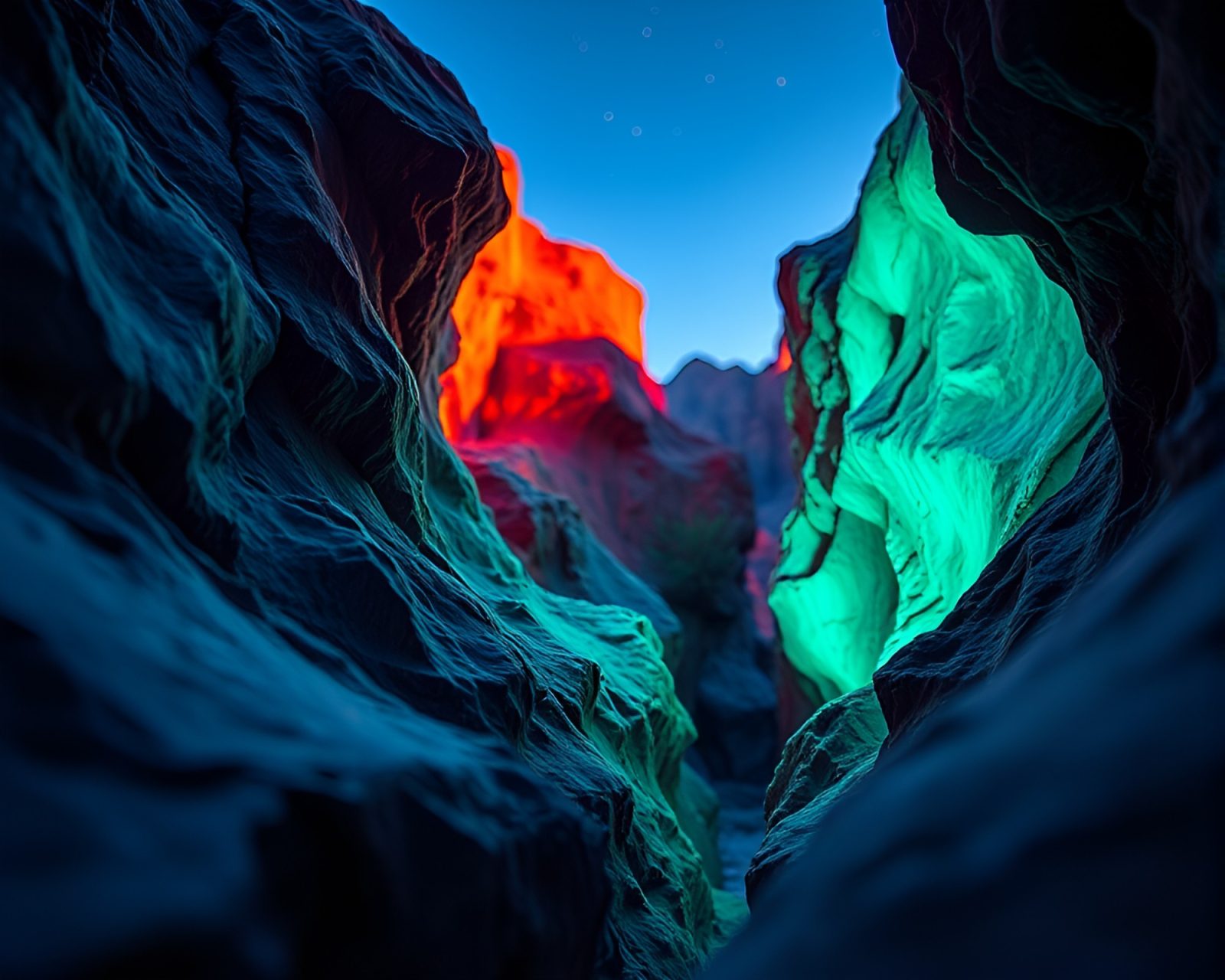 Vibrant fluorescent lighting illuminating intricate canyon details at twilight