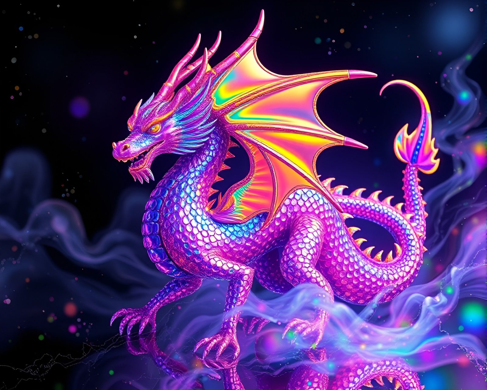 Majestic dragon surrounded by shimmering holographic rainbow