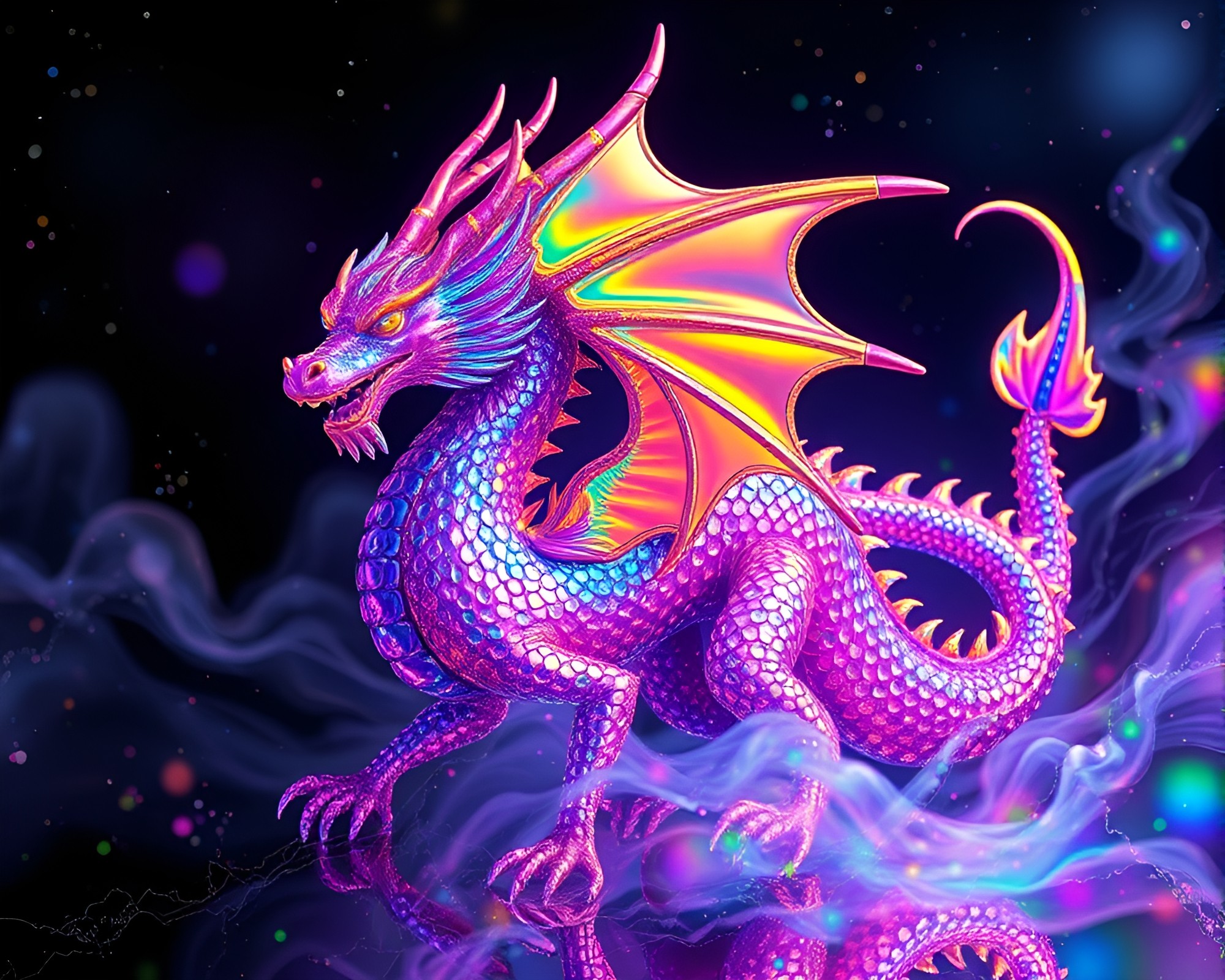 Dragon in Cosmic Hologram Rainbow Light – free AI stock image