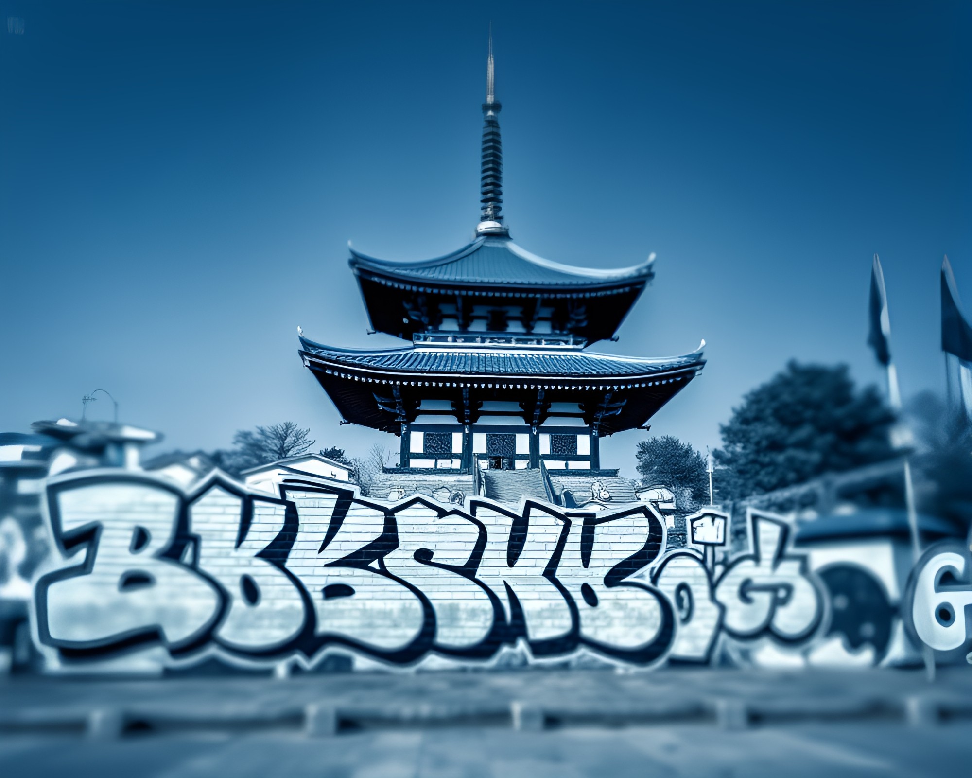 Pagoda Graffiti Art in Monochrome Blue Cityscape – free AI stock image
