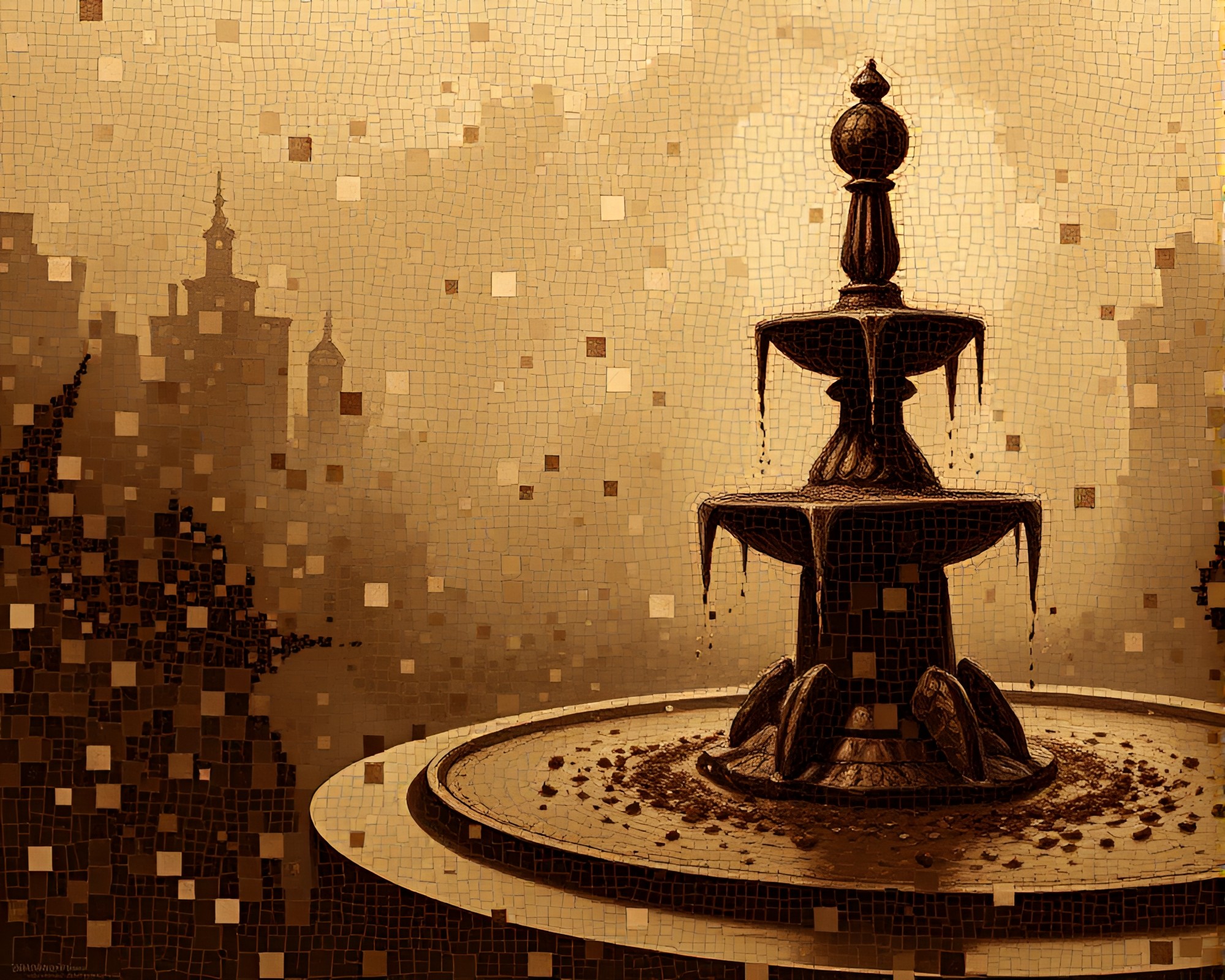 Chocolate Fountain Fragmented Mosaic in Misty Stipple Shading – free AI stock image