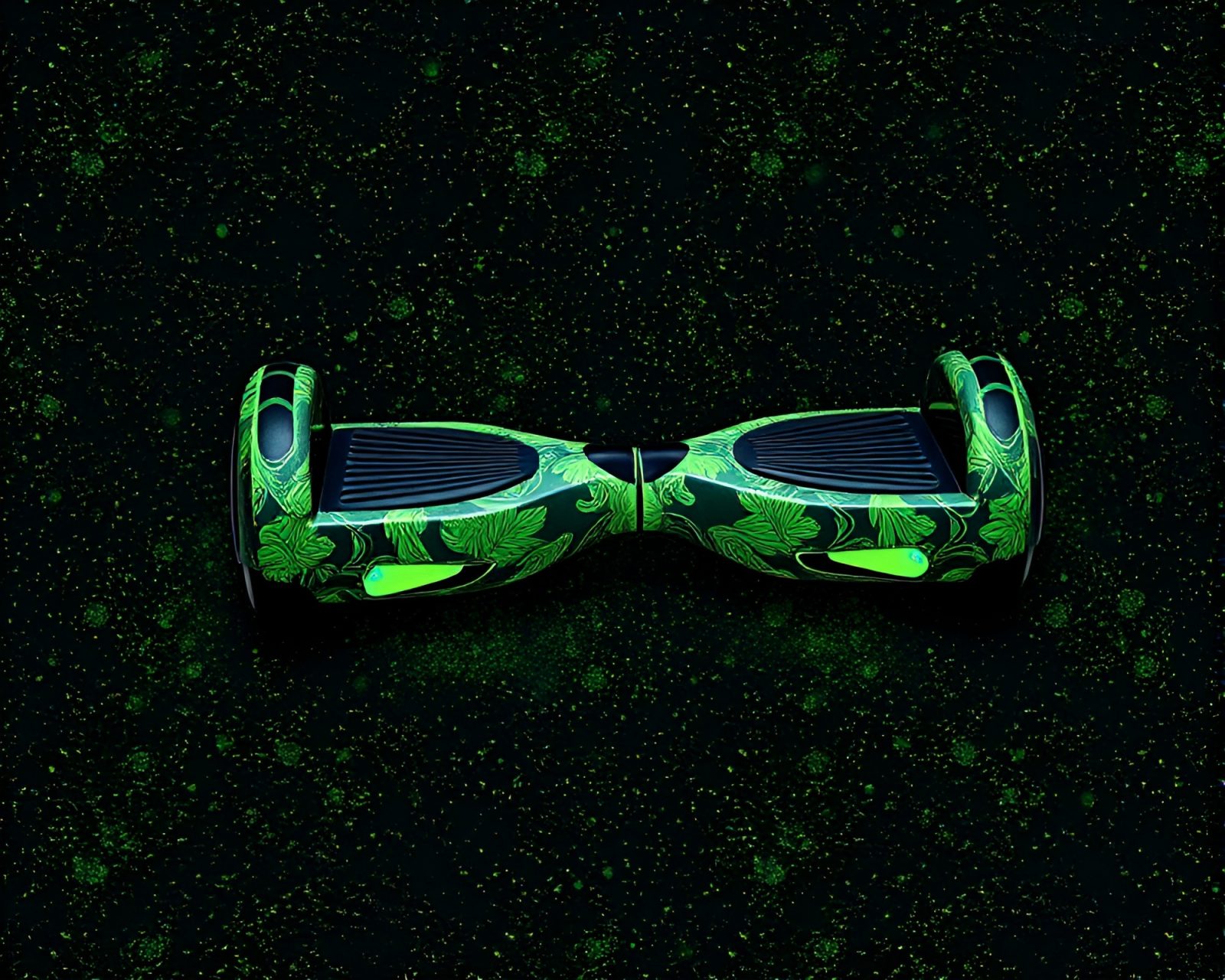 Fantastical scene of hoverboard soaring through magical forest