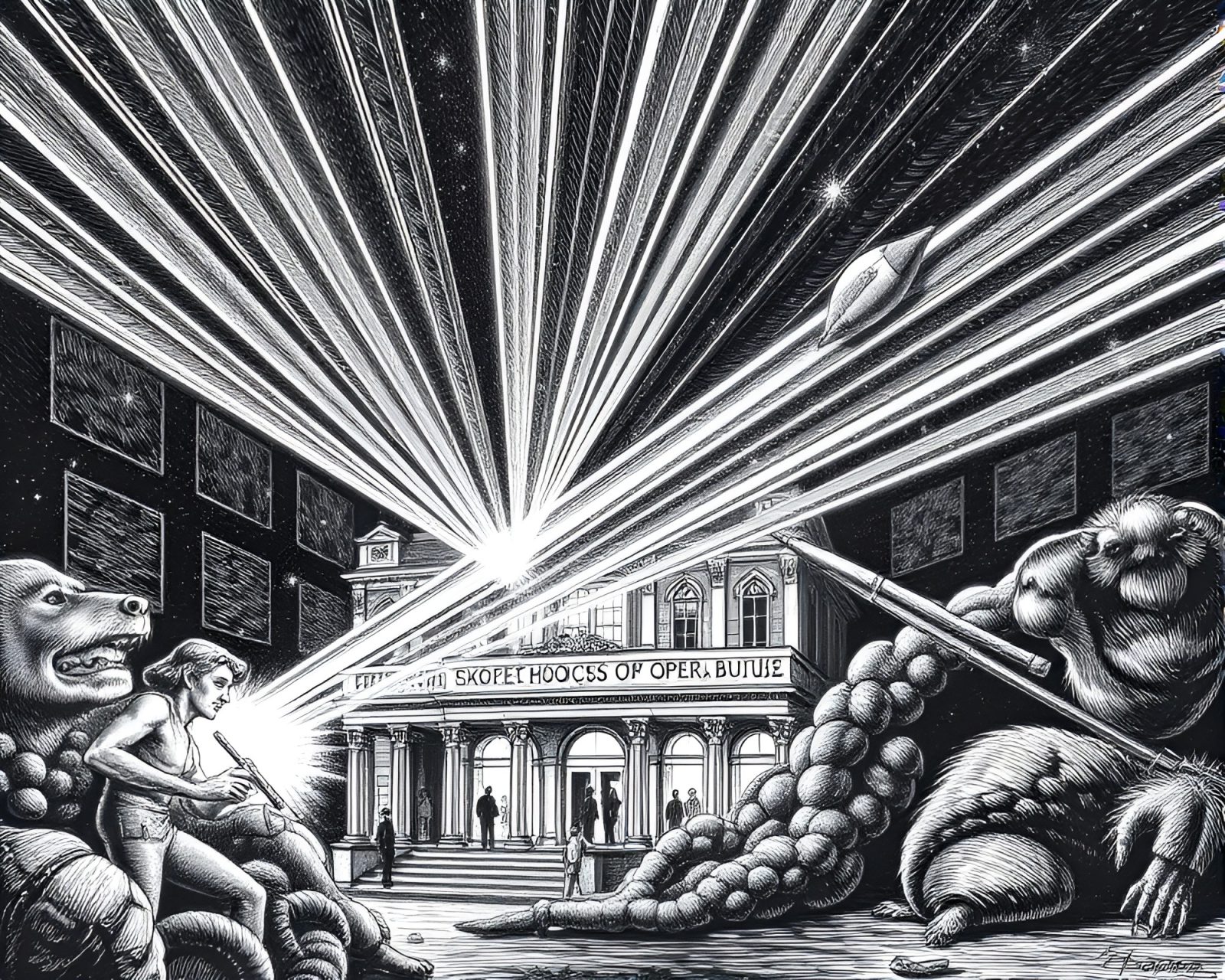 Engraved drawing of rocket launching amidst laser beams