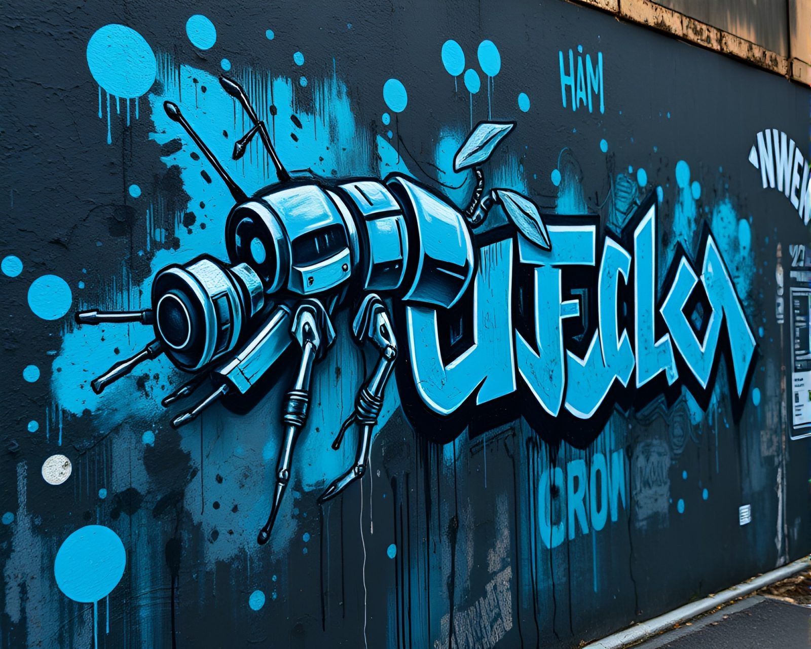 Futuristic mural depicting nanobots in steel-blue chiaroscuro lighting