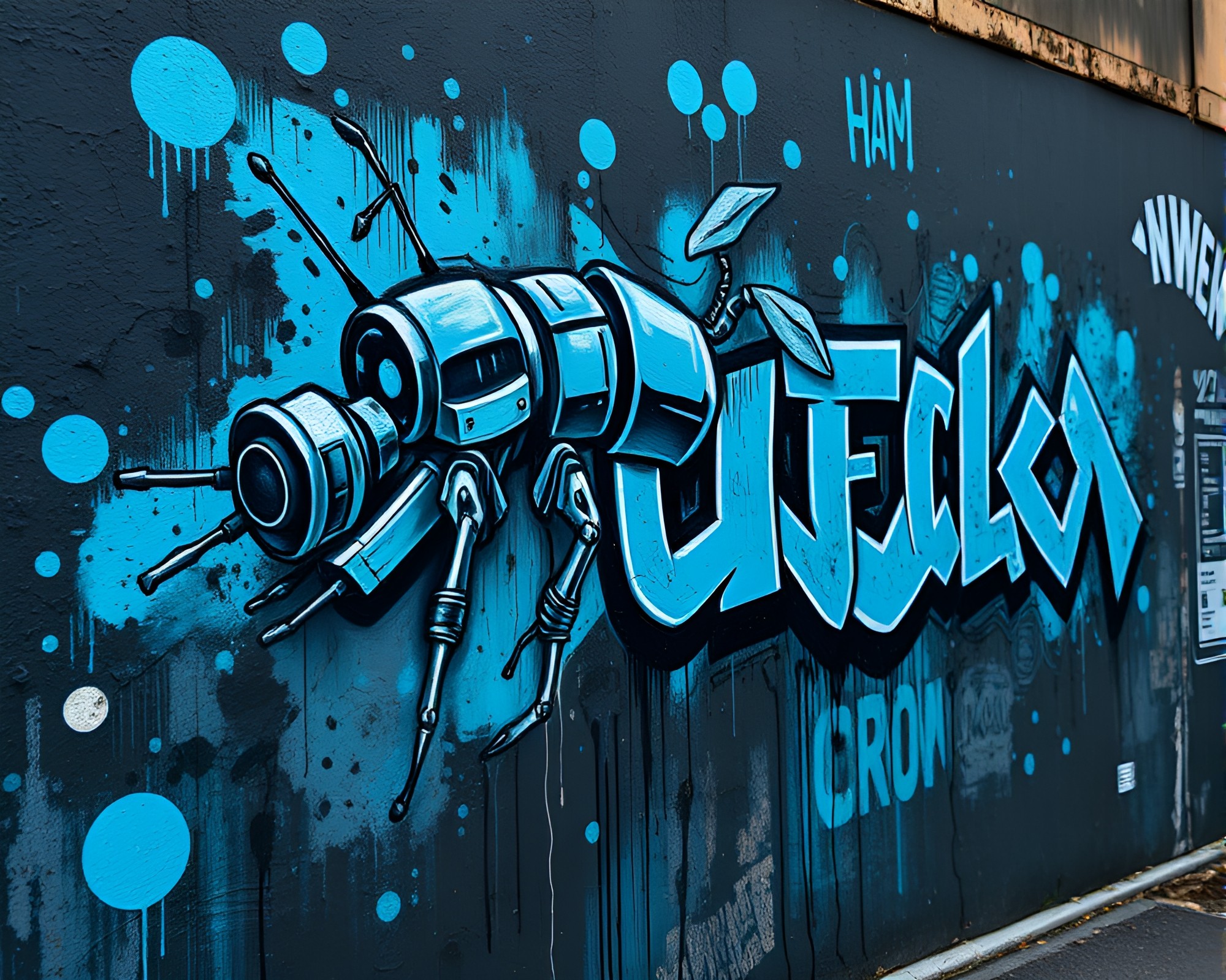 Nanobot Swarm: Steel-Blue Chiaroscuro Mural Graffiti – free AI stock image
