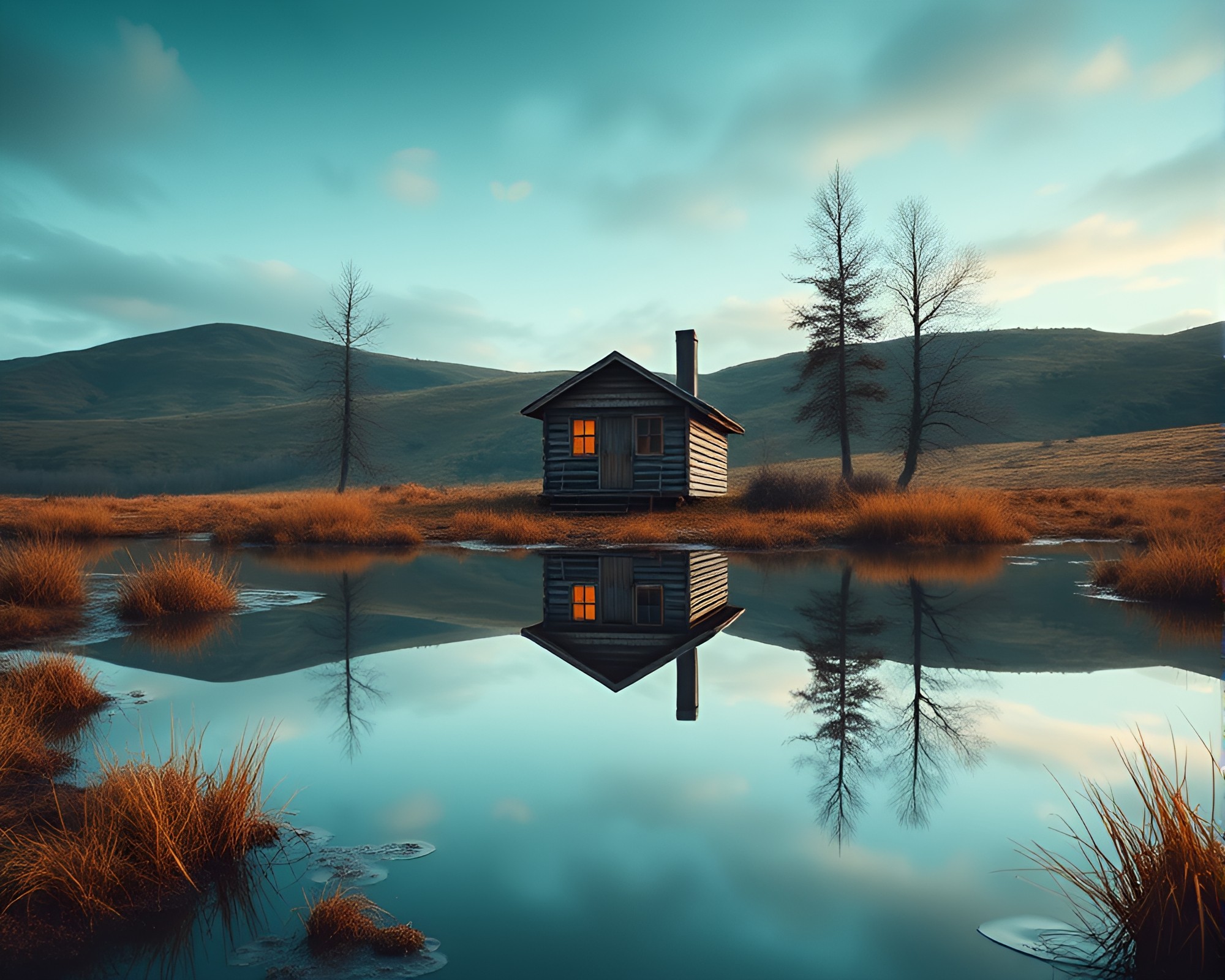 Rustic Cabin Reflection in Turquoise Puddle Art – free AI stock image