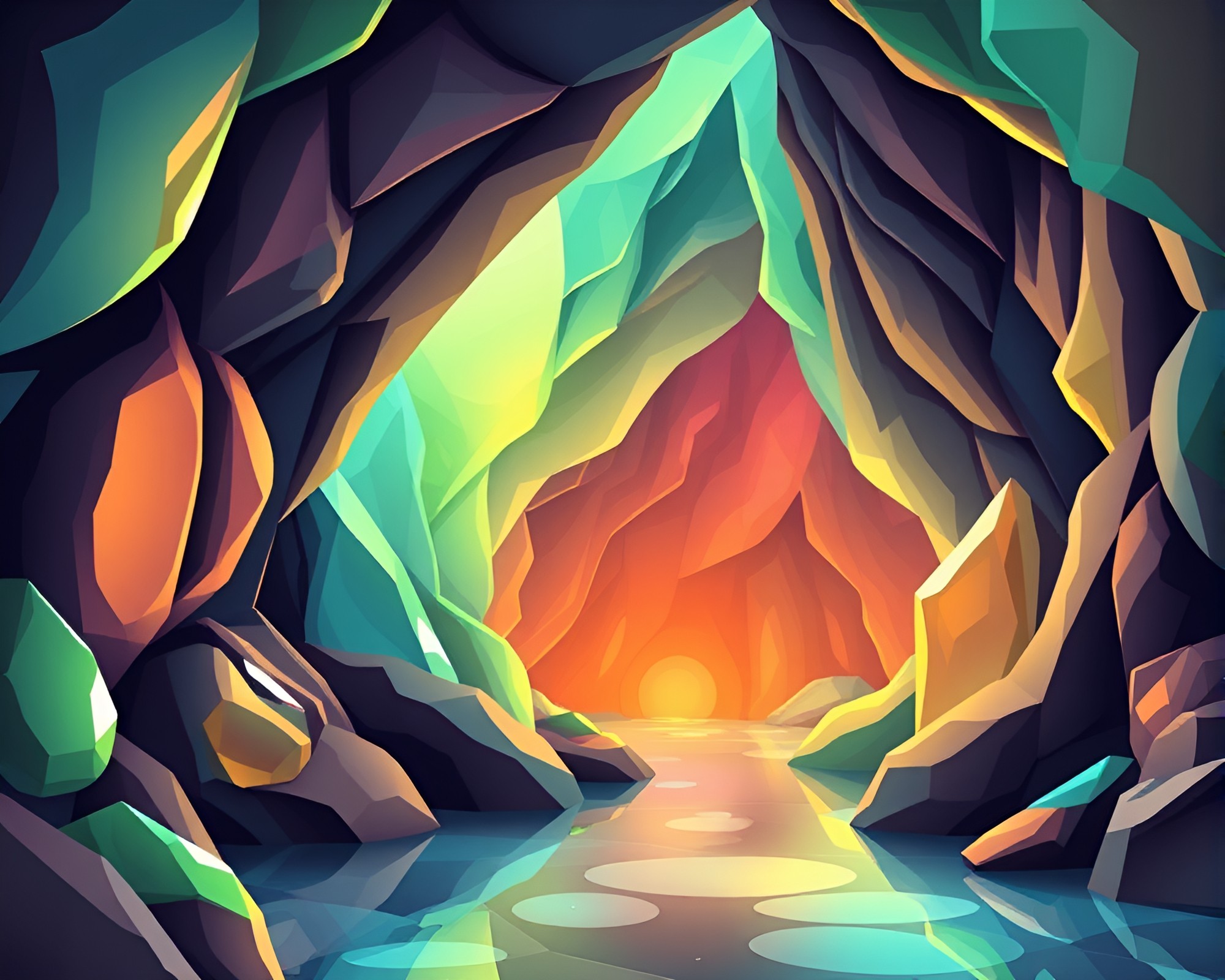 Jewel-toned Cartoon Cavern with Glass Distortion – free AI stock image