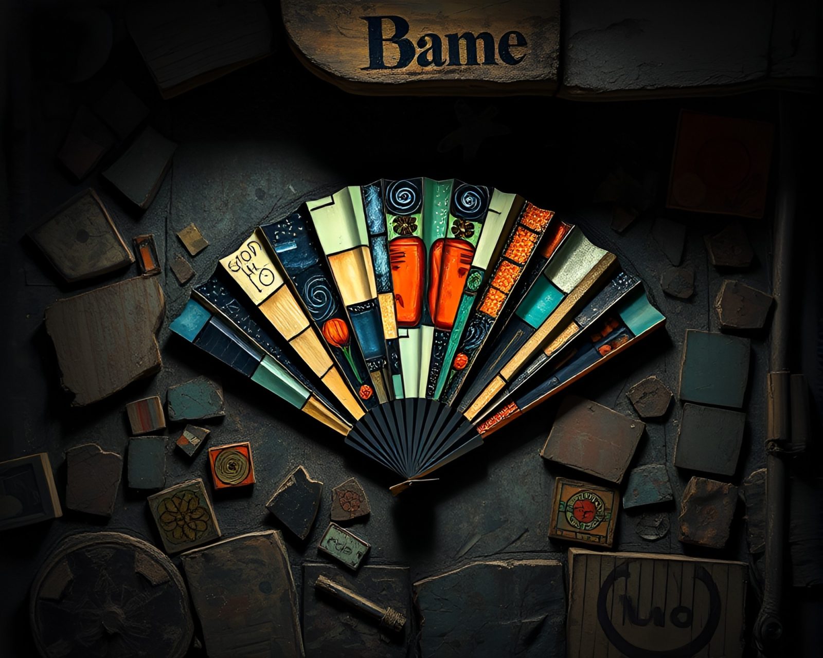 Abstracted hand-painted fan in fragmented mosaic cubist style