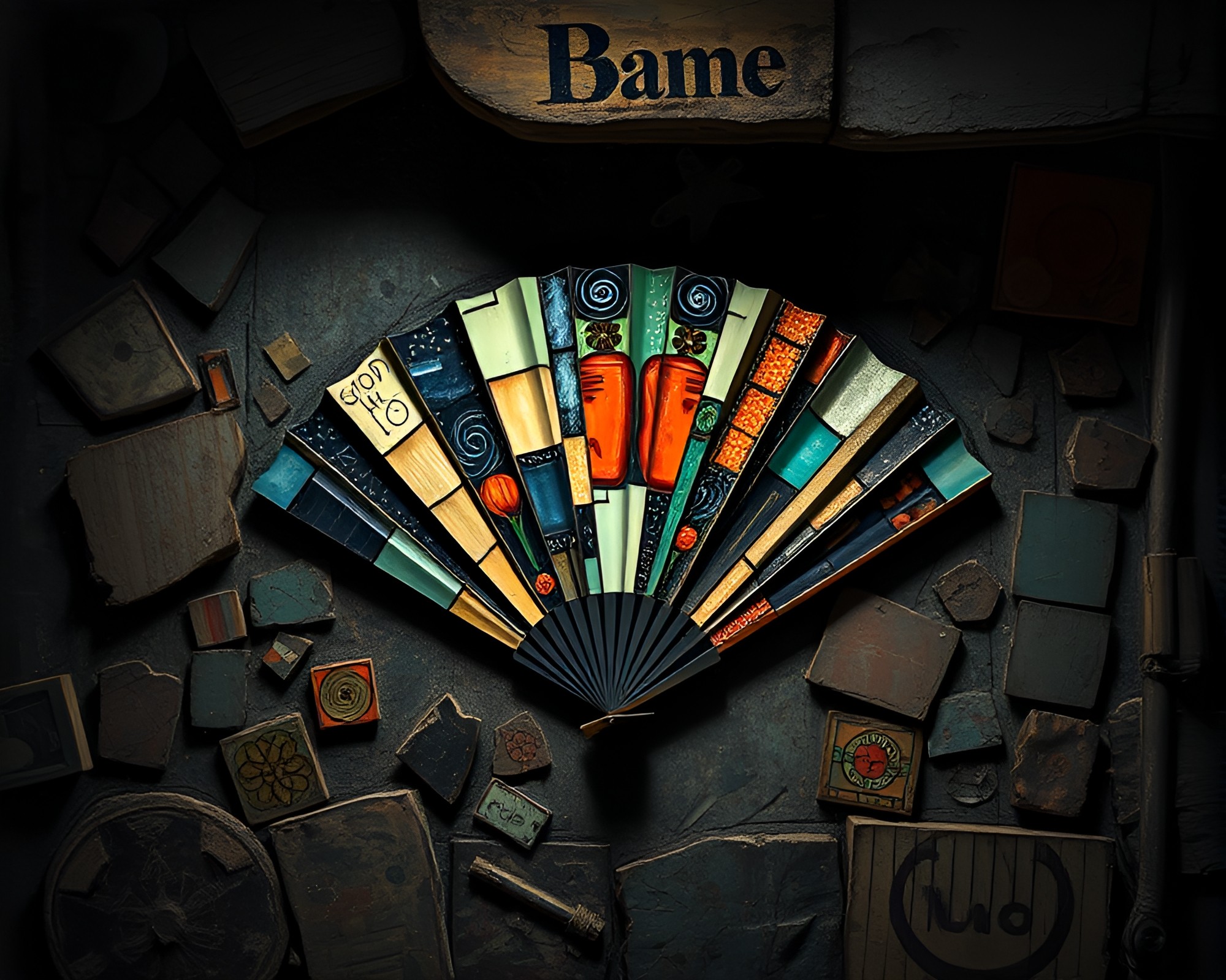 Cubist Hand-Painted Fan in Broken Mosaic Setting – free AI stock image