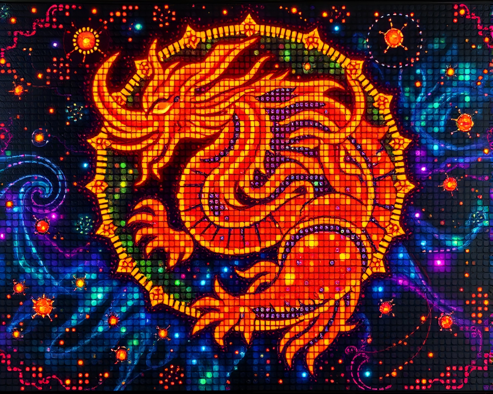 Celestial Dragon in Triadic Colors LED Pixel Grid – free AI stock image