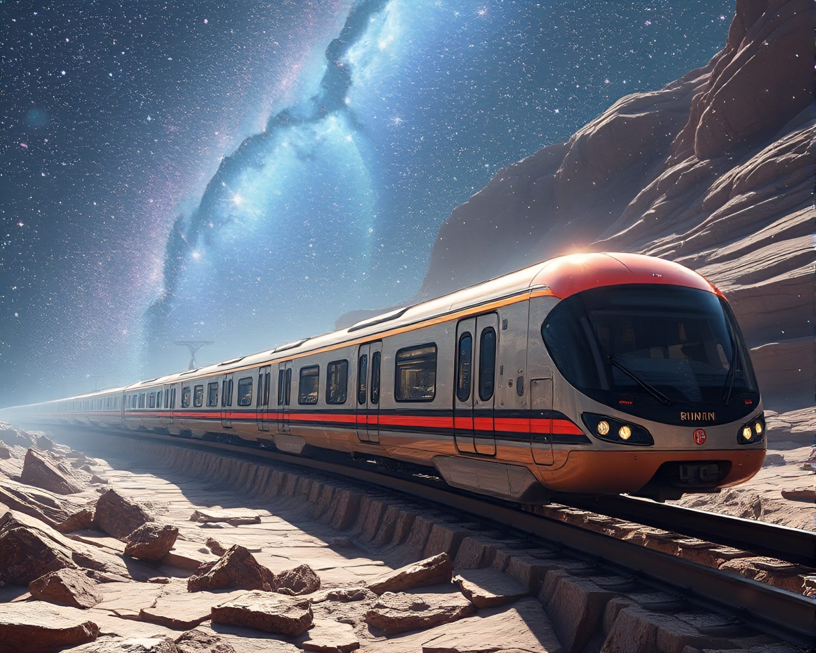 Concept art of a monorail crossing cracked earth under stardust light