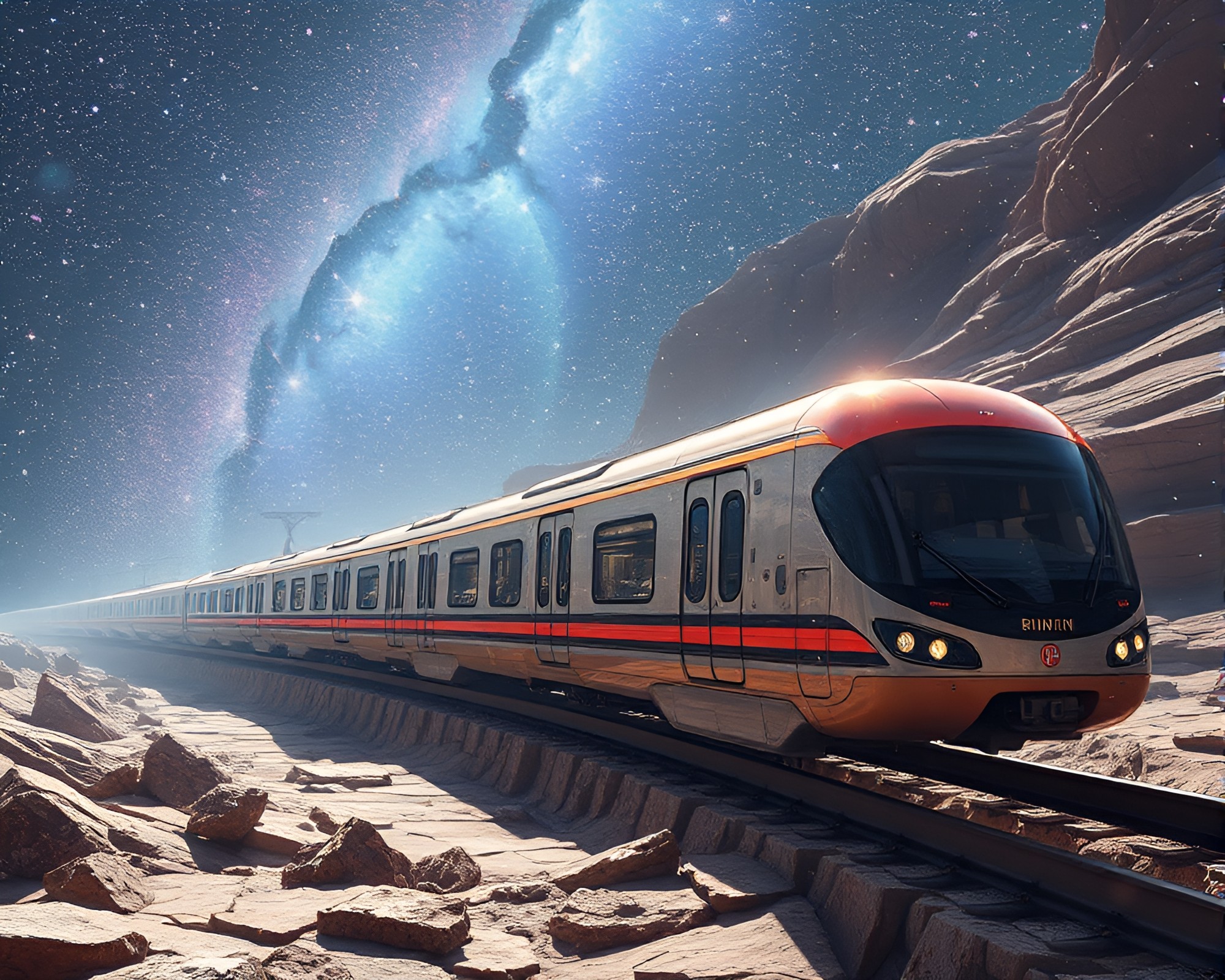 Monorail Journey through Cracked Earth with Stardust Glow – free AI stock image