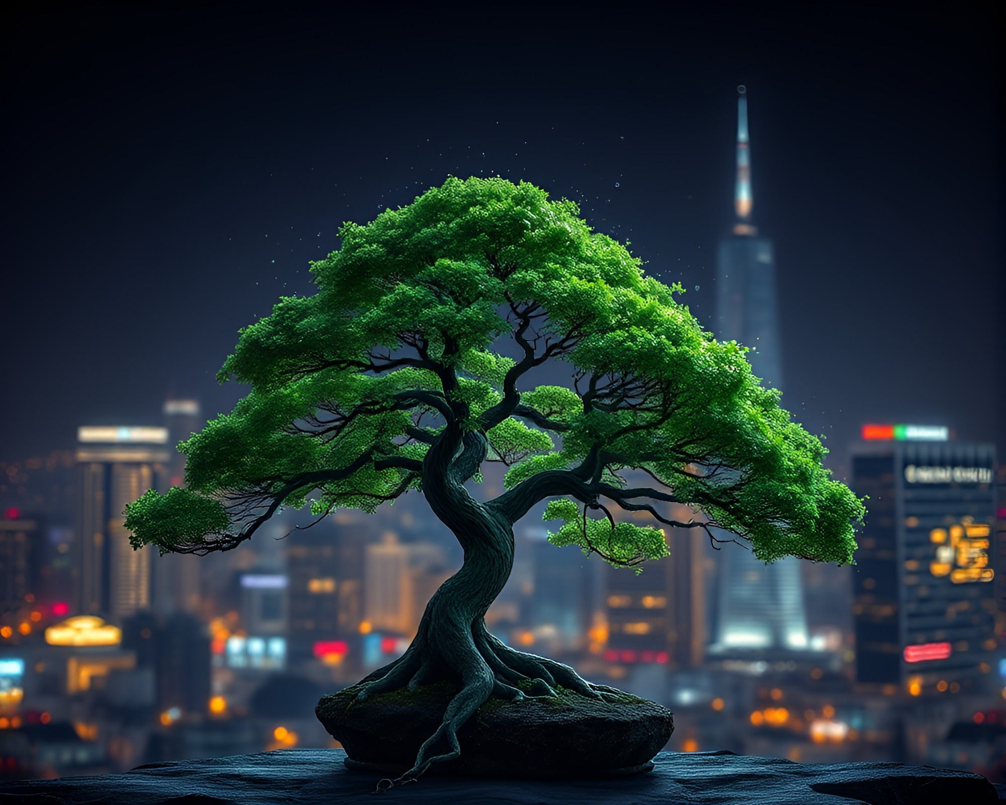 Floating Particles Dance Around Bonsai Tree in City Lights – free AI stock image