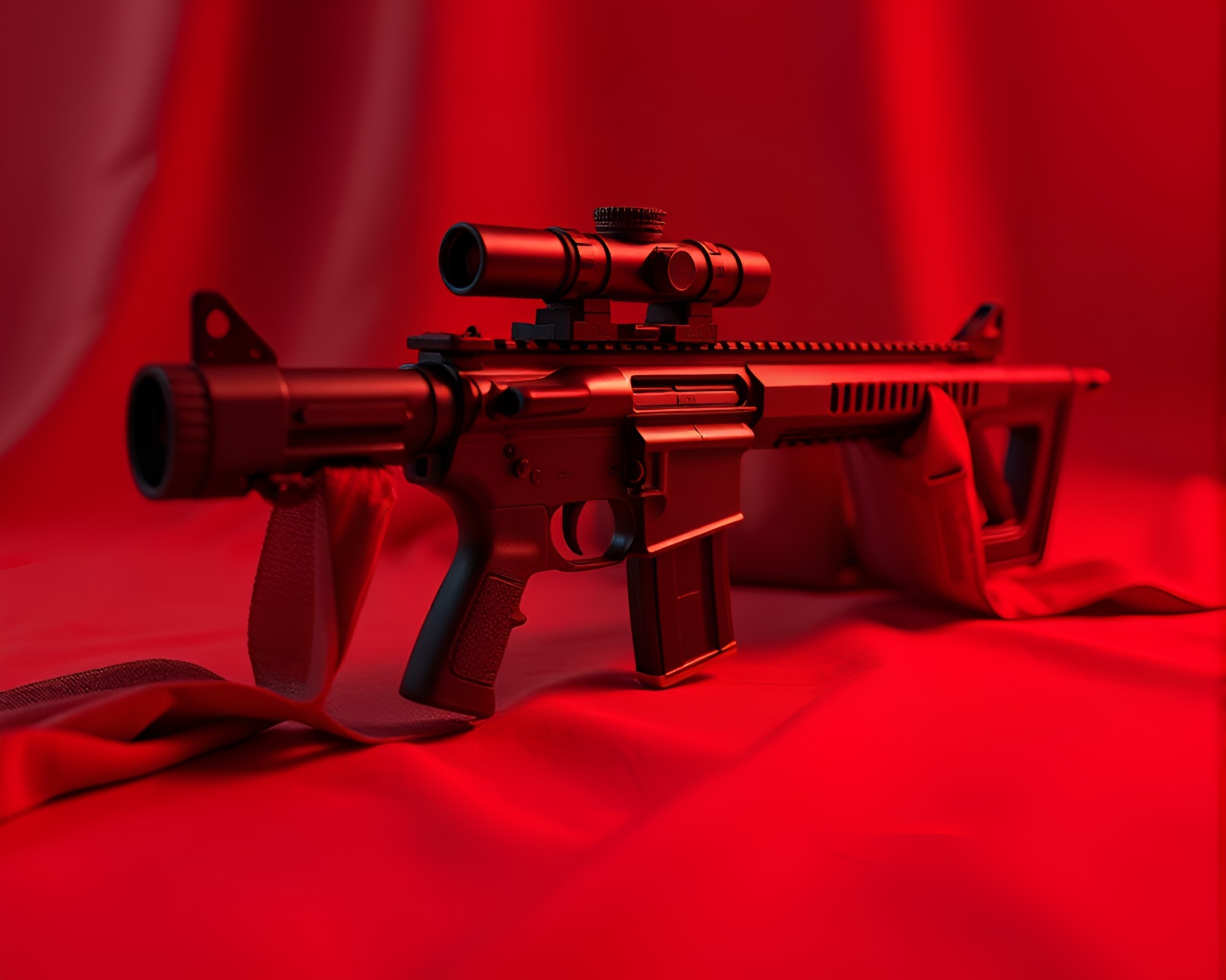 Plasma Rifle Wielding Soldier in Monochrome Red – free AI stock image