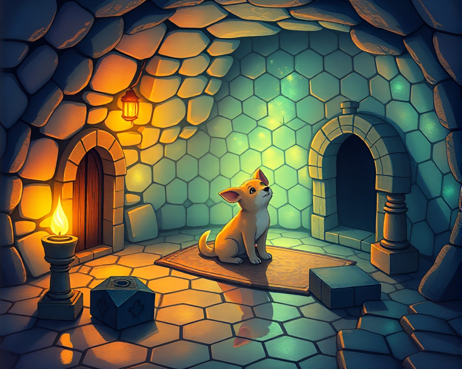Illustration of holographic animal in torchlit hexagonal dungeon