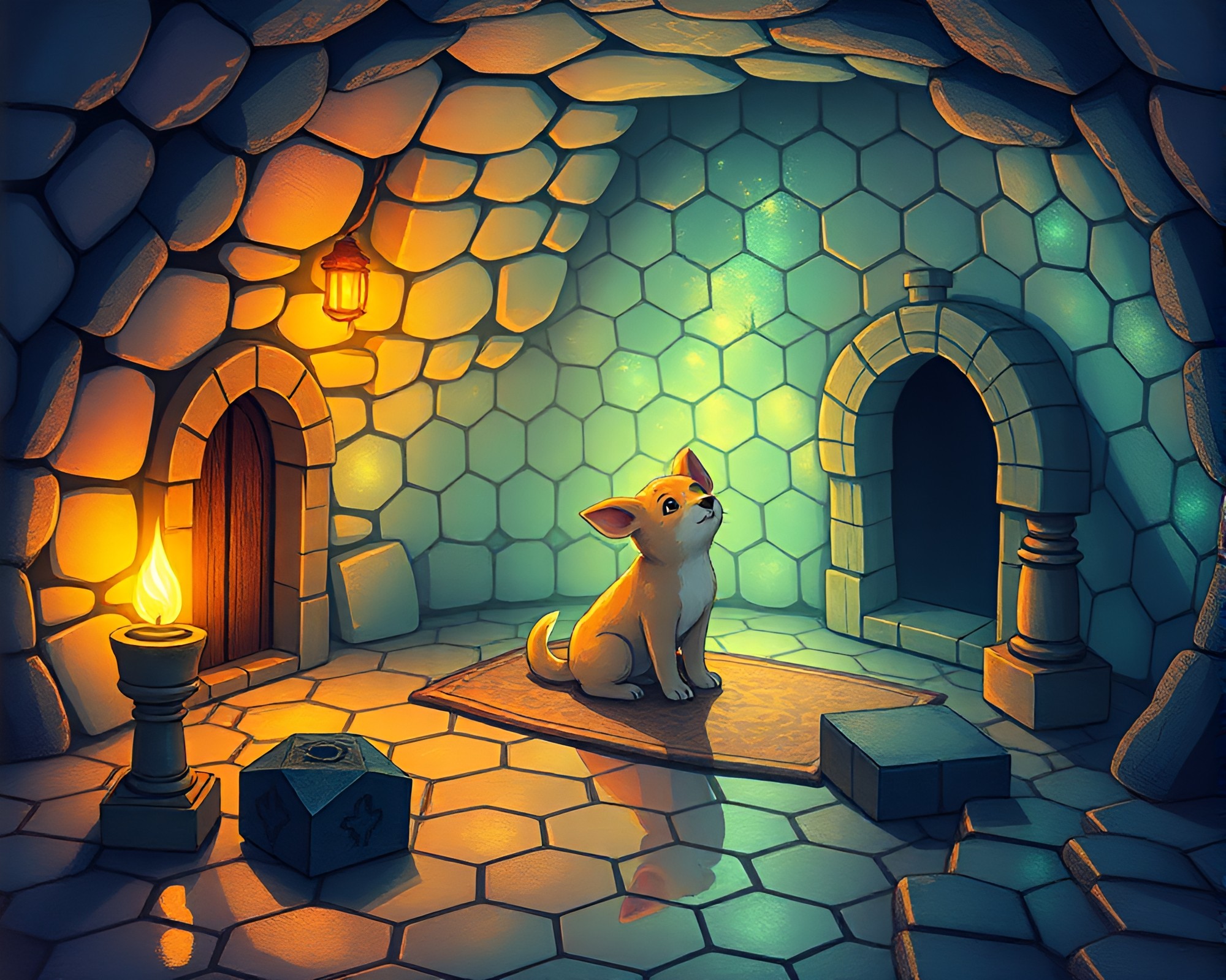 Holographic Pet Within Glowing Hexagonal Dungeon Scene – free AI stock image