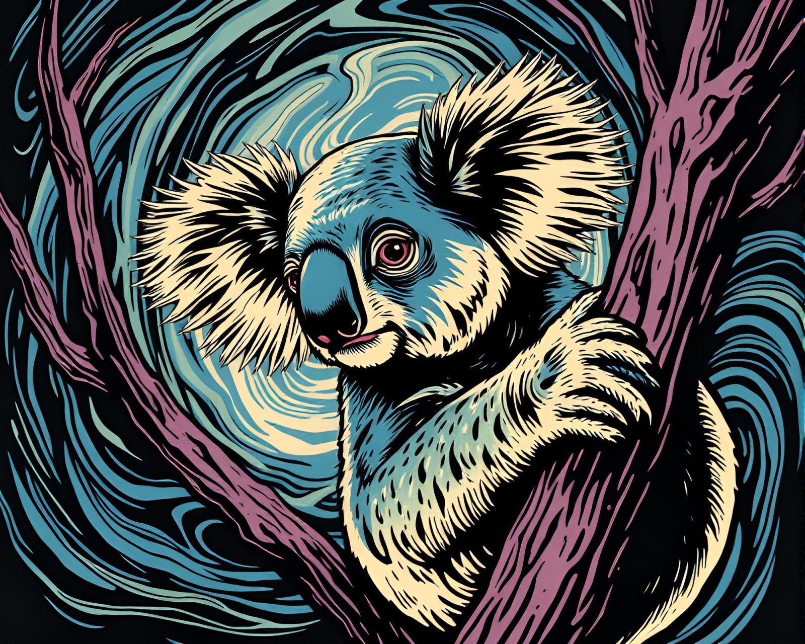 Woodcut print of a koala in swirling vortex spotlight