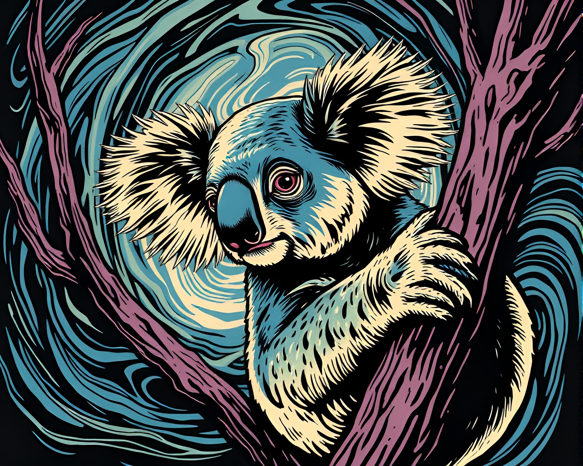 Mystical Koala Spotlight: Woodcut Vortex – free AI stock image
