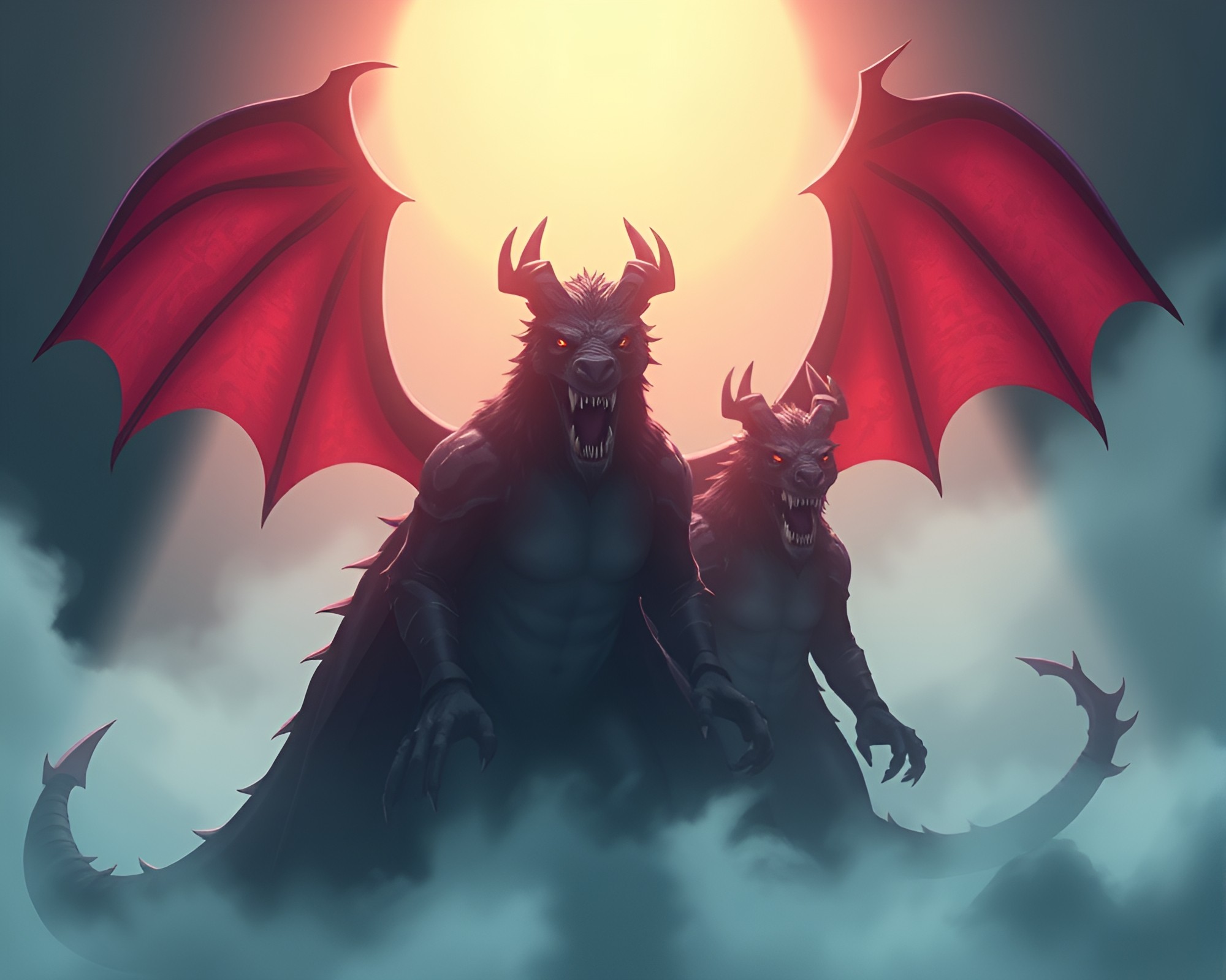 Misty Cerberus Guardian in Cartoon Fog Adventure – free AI stock image