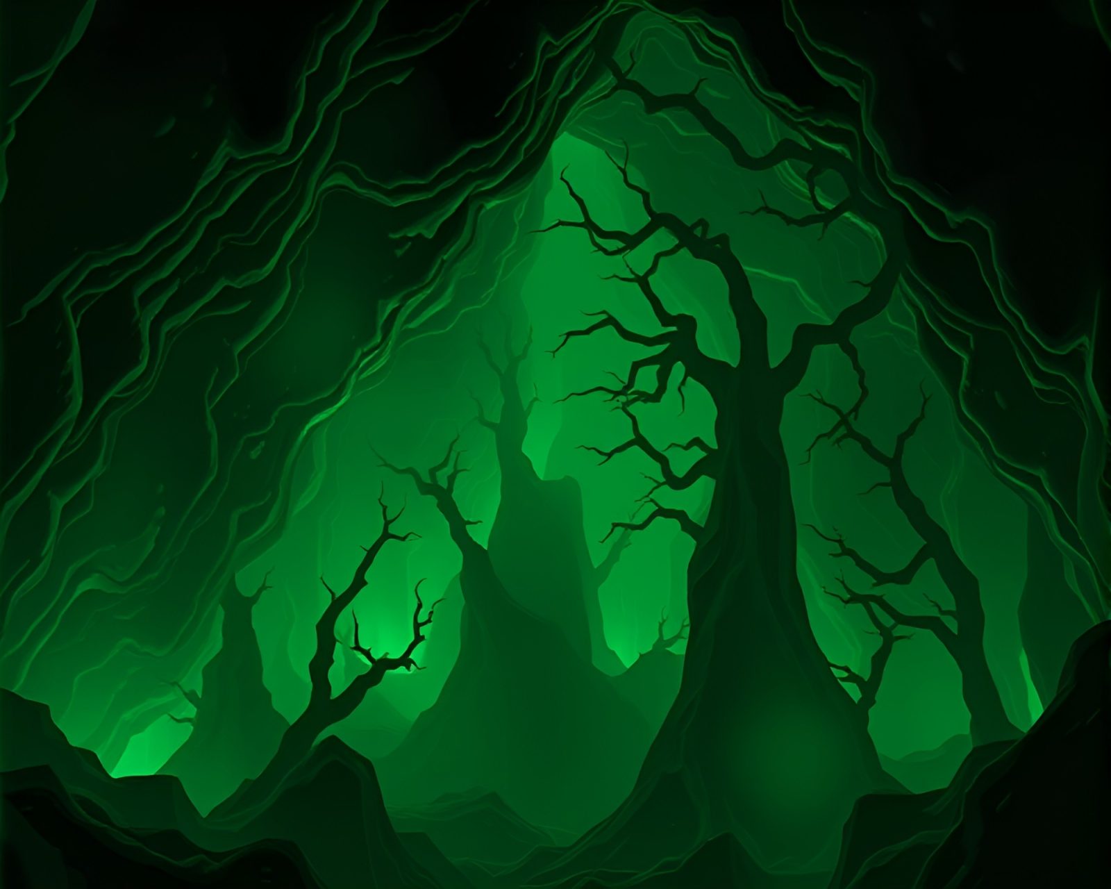 Dark emerald green Lovecraftian nightmare with negative space accents