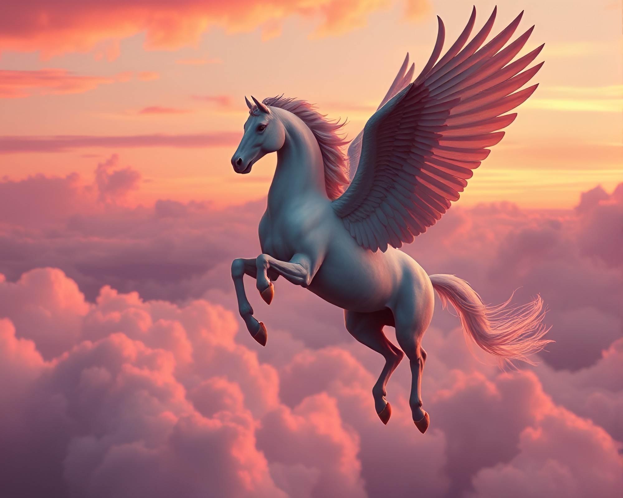 Trompe-l’oeil Pegasus Gracing Sunrise Pink Textures – free AI stock image