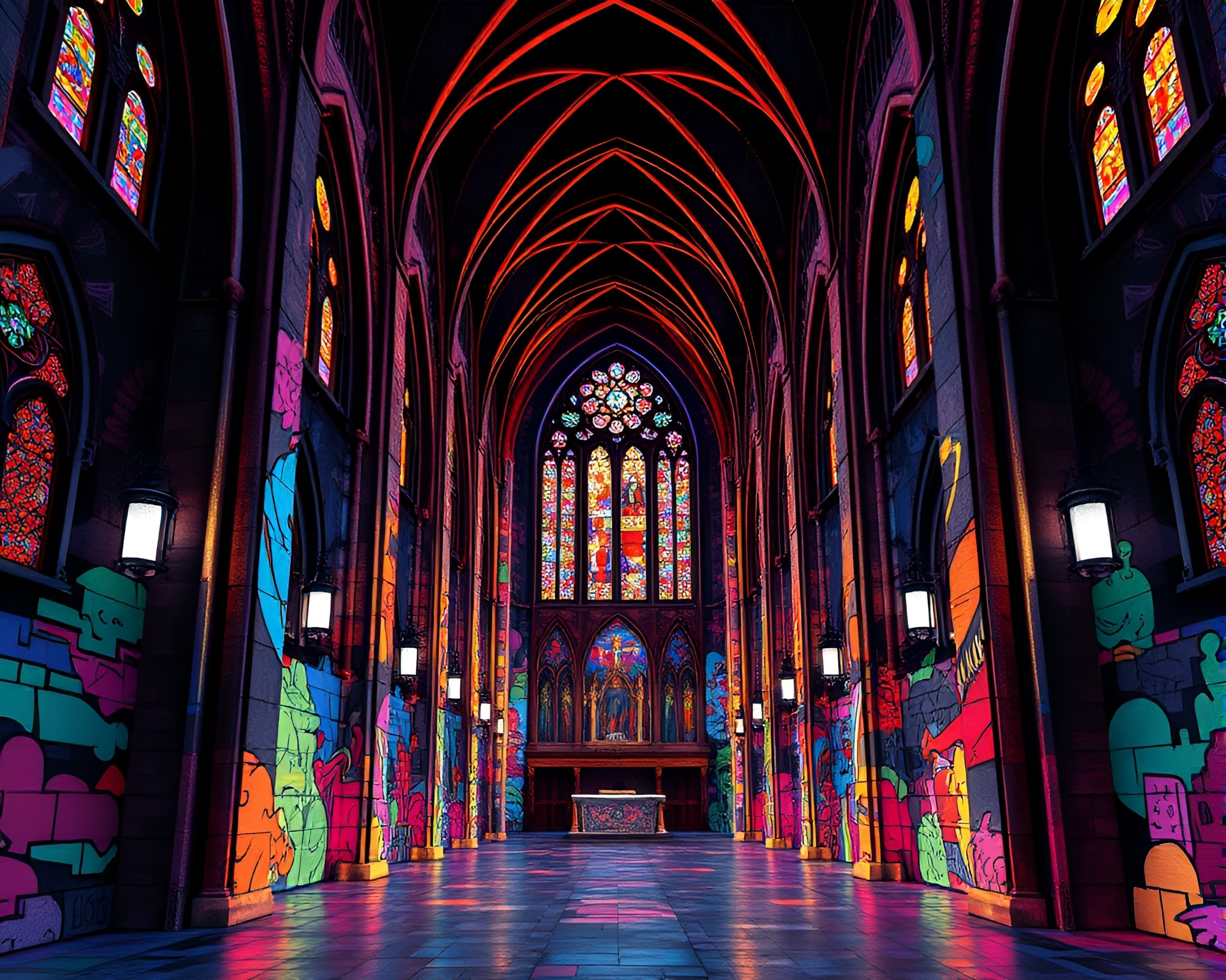 Synthwave Cathedral Stained Light 8-Bit Mural Graffiti – free AI stock image