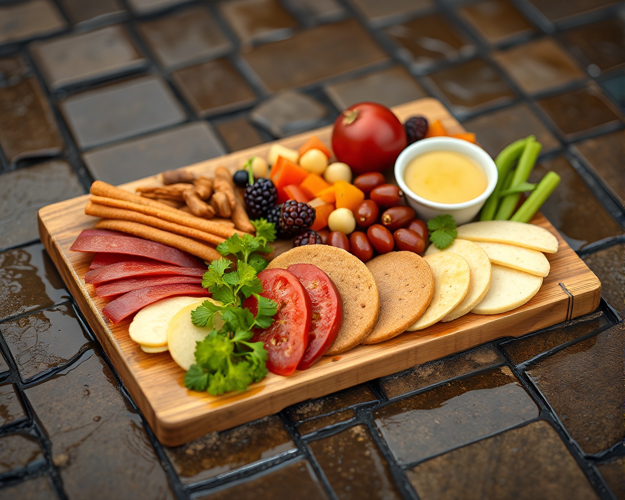 Charcuterie Board on Wettered Voxel Pavement – free AI stock image