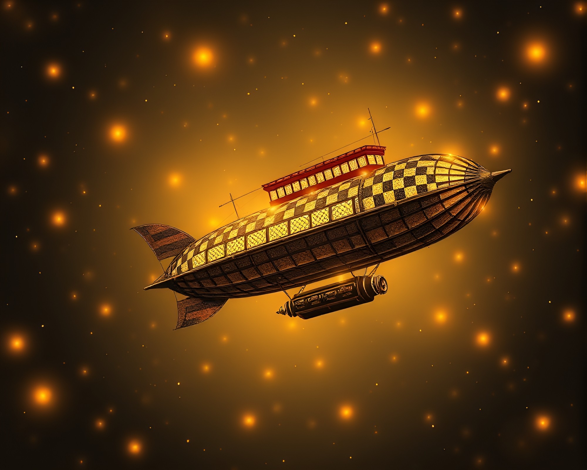 Majestic Steampunk Airship Glowing with Firefly Luminescence – free AI stock image