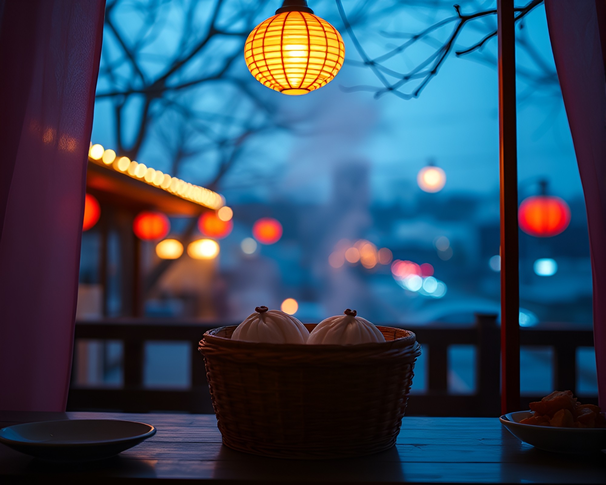 Dim Sum Basket in Peachy Blue Hour Frame – free AI stock image