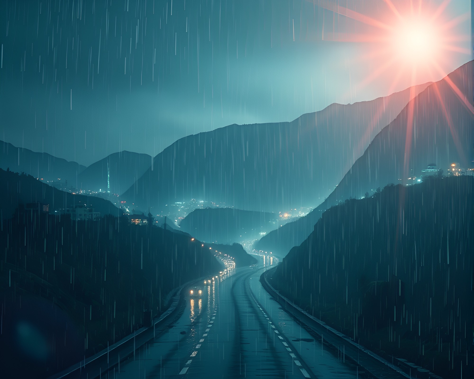 Valley Rain Reflections: Wireframe Lens Flare – free AI stock image