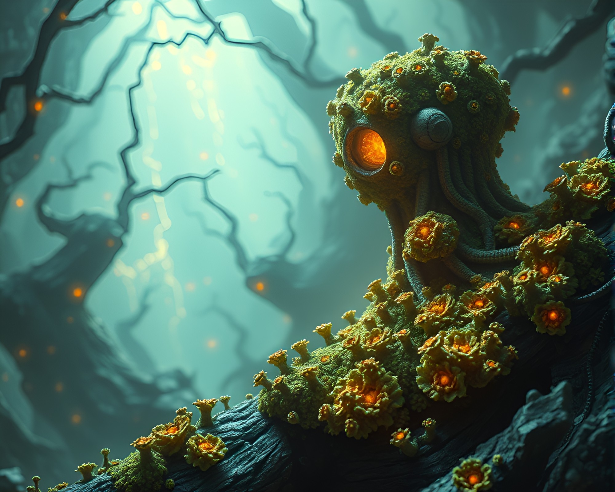 Futuristic Nanobot Swarm in Lichen-Covered Dungeon – free AI stock image
