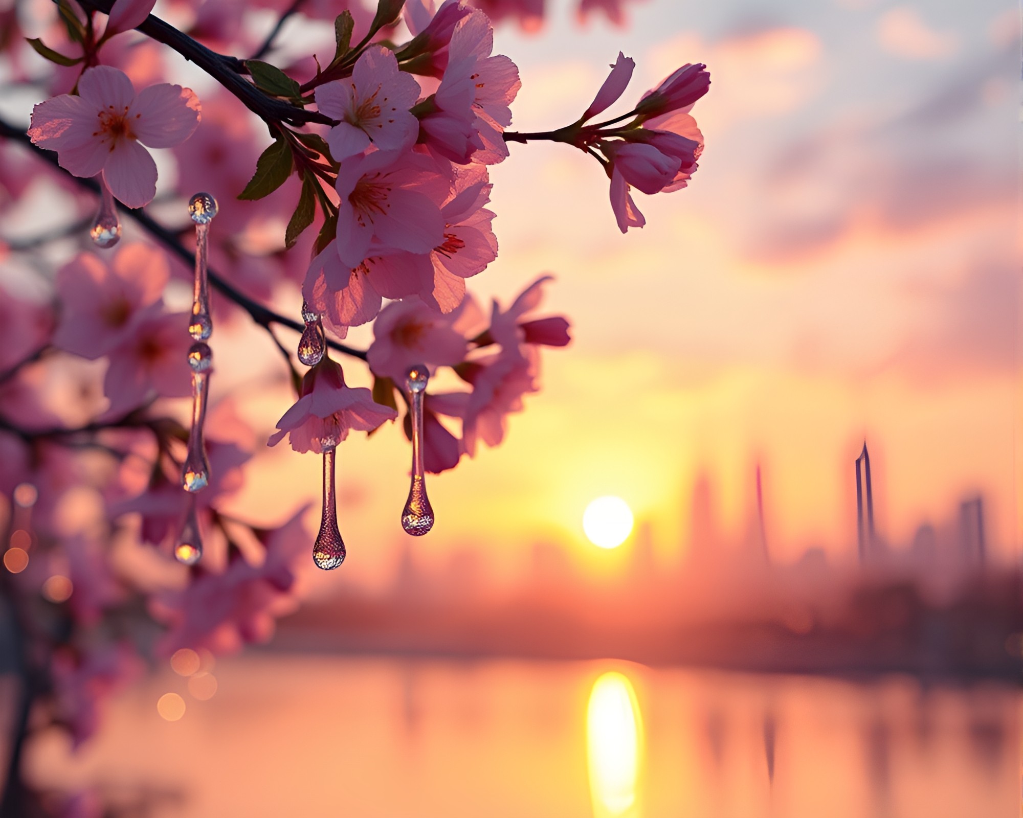 Skyline Sunset with Spring Blossoms and Wet Glass Beads – free AI stock image