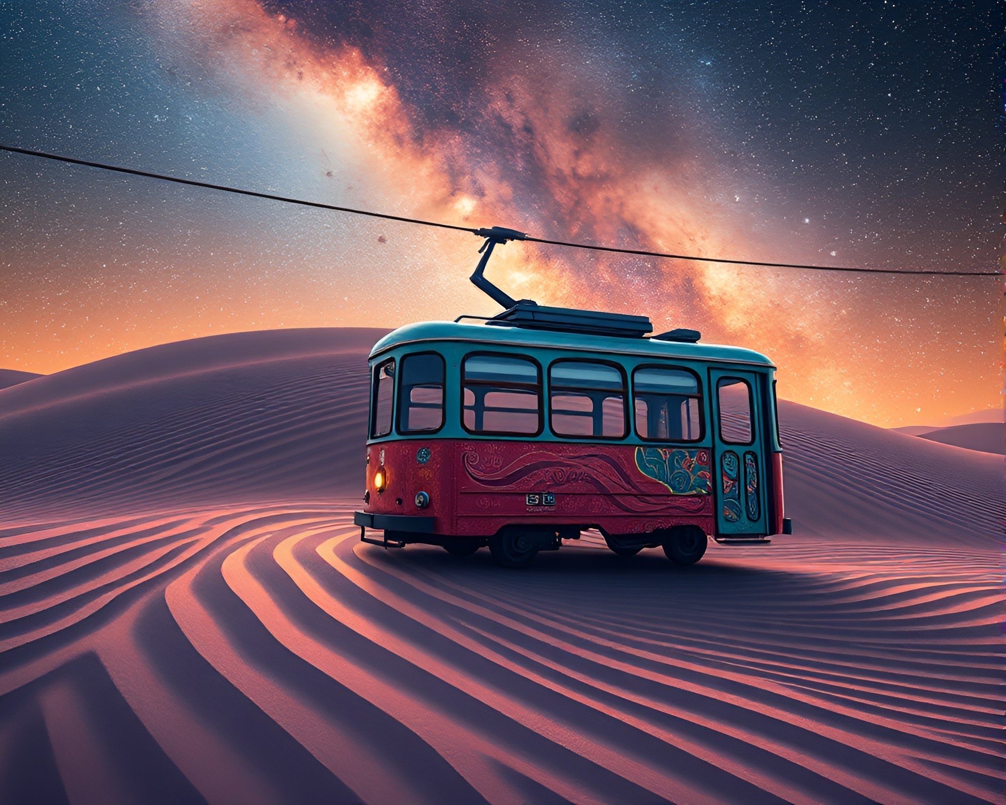 Cosmic Cable Car: Swirling Sand Op Art – free AI stock image