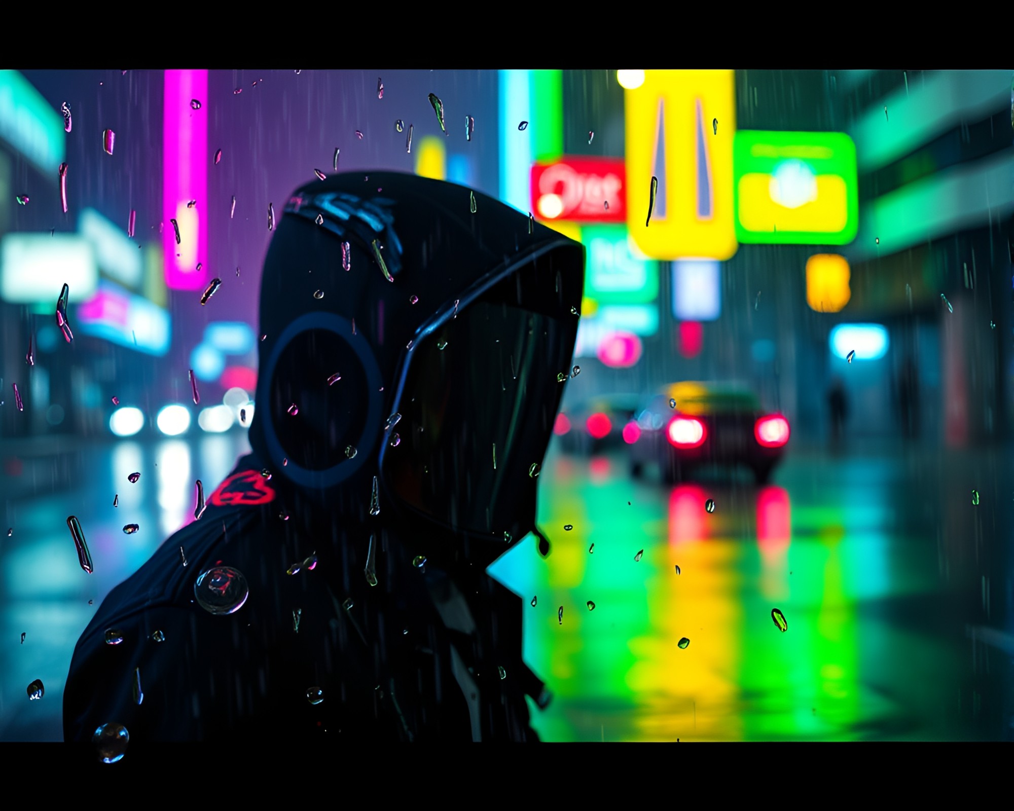 Cyberpunk Vigilante in Glitch Raindrop Scene – free AI stock image