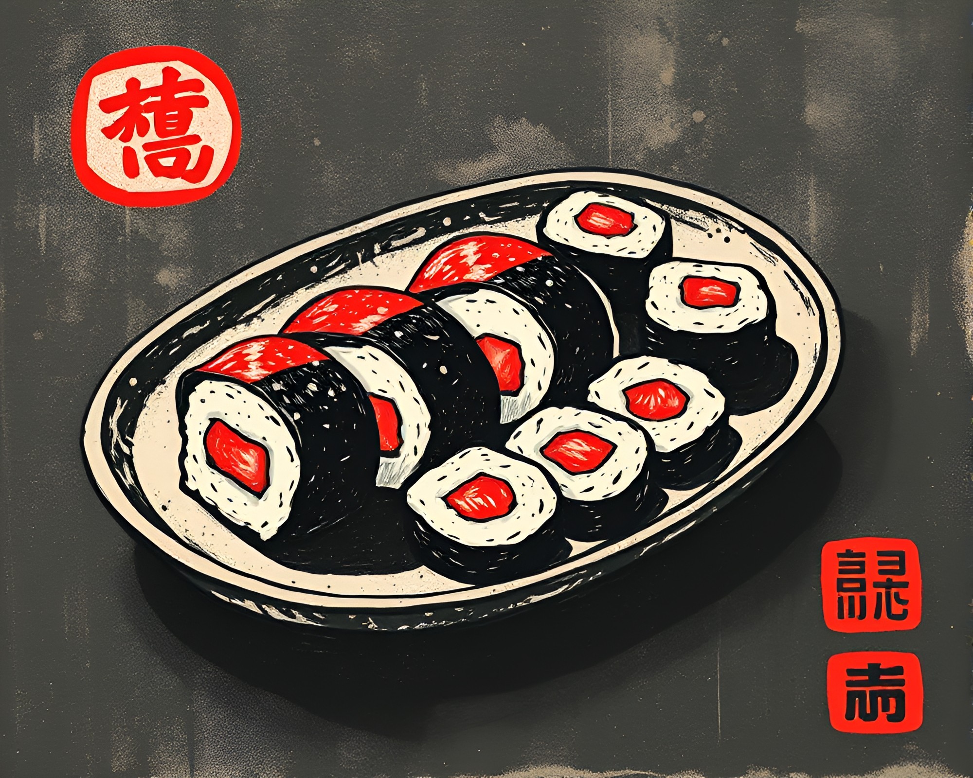 Sushi Platter in Monochrome Red Impasto Woodblock Print – free AI stock image