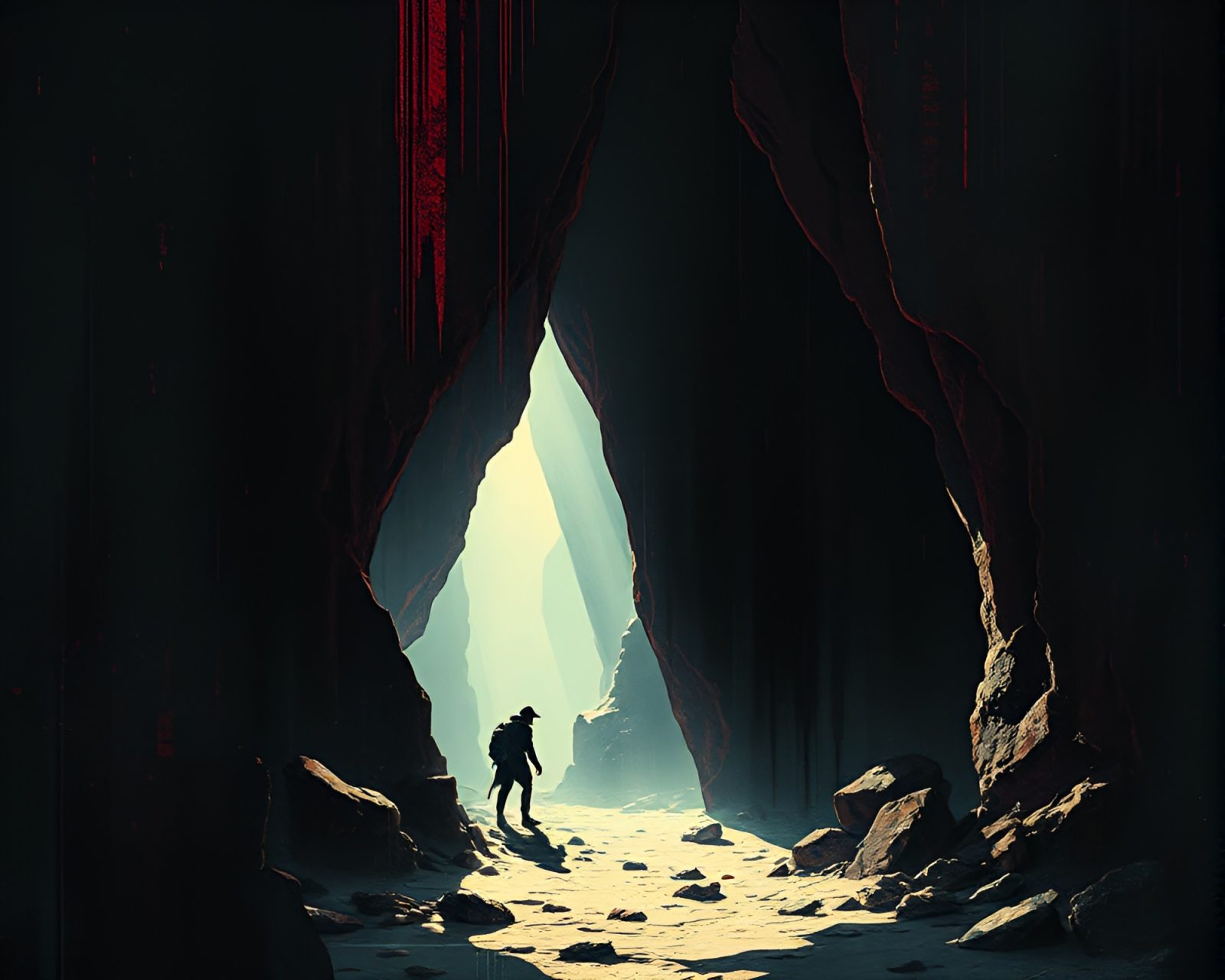 Futuristic cave painting with glitch artifacts and cyberpunk style