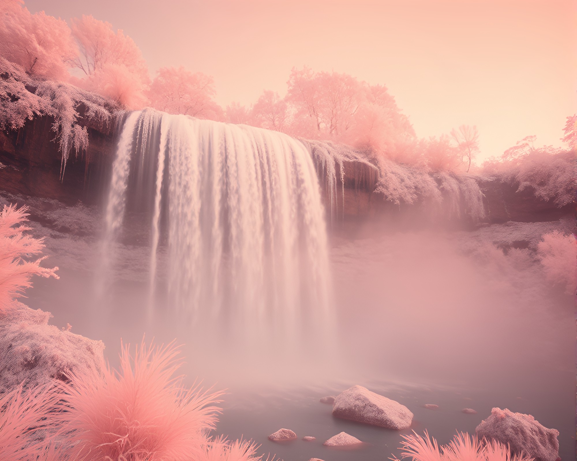 Twilight Waterfall Through Glass in Infrared Dream – free AI stock image