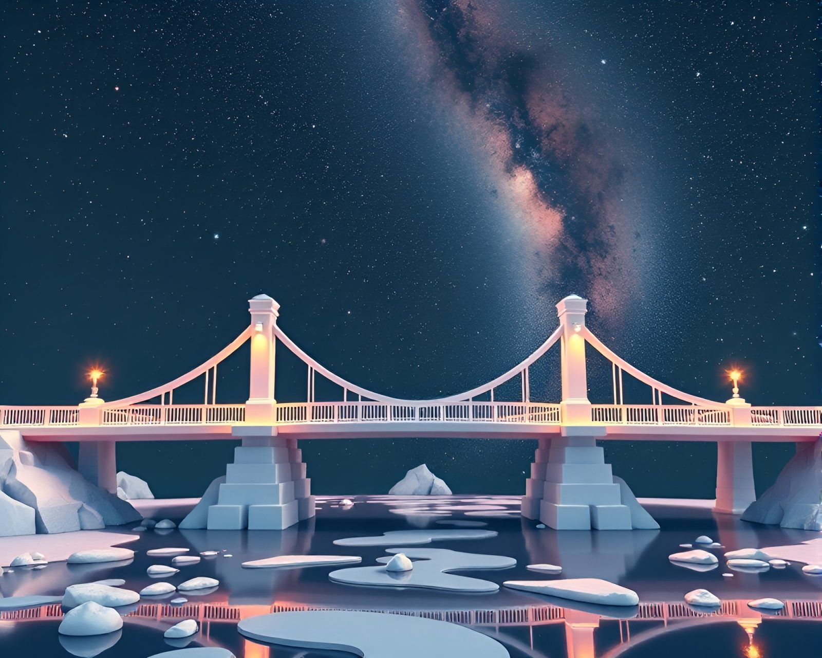 Asymmetrical voxel bridge lit by swirling Milky Way galaxy