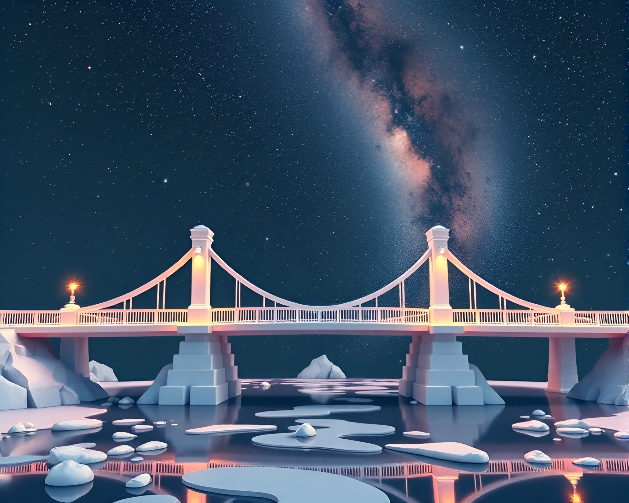 Voxel Bridge Connection Under Milky Way Night – free AI stock image