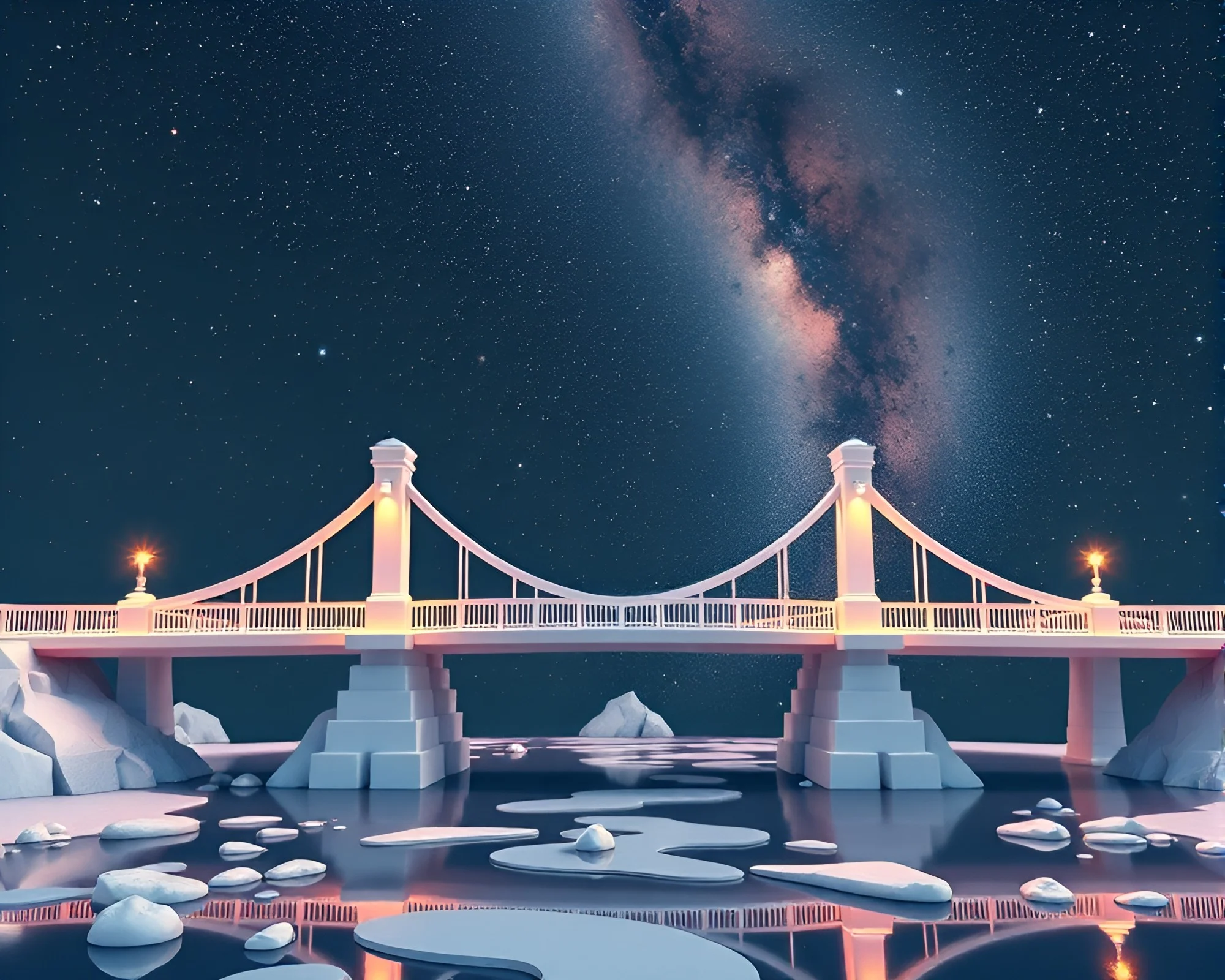 Voxel Bridge Connection Under Milky Way Night