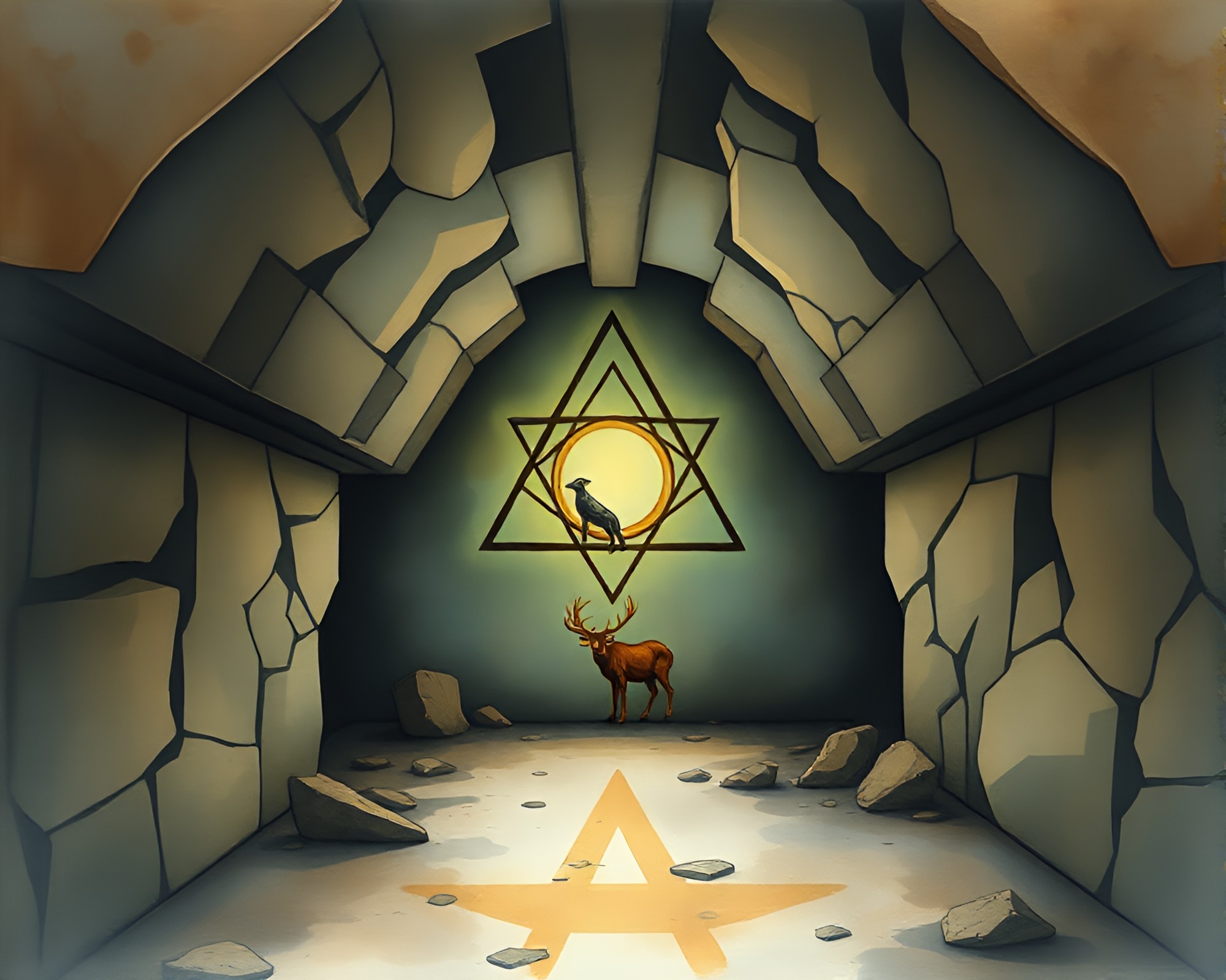 Sacred Geometry in Wildlife Watercolor: Basement Gloom Scene – free AI stock image