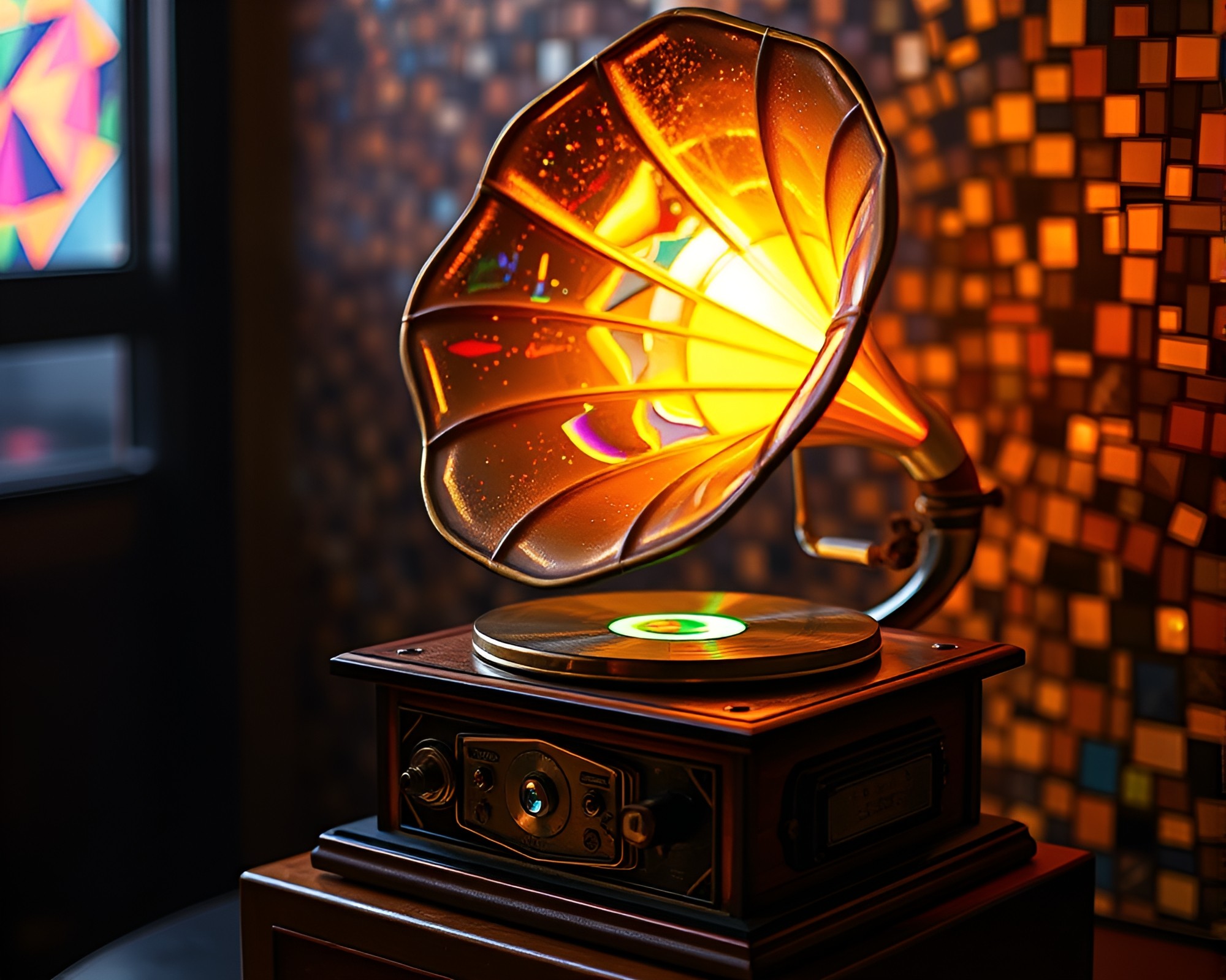 Steampunk Prism Gramophone in Glow-in-the-Dark Mosaic – free AI stock image