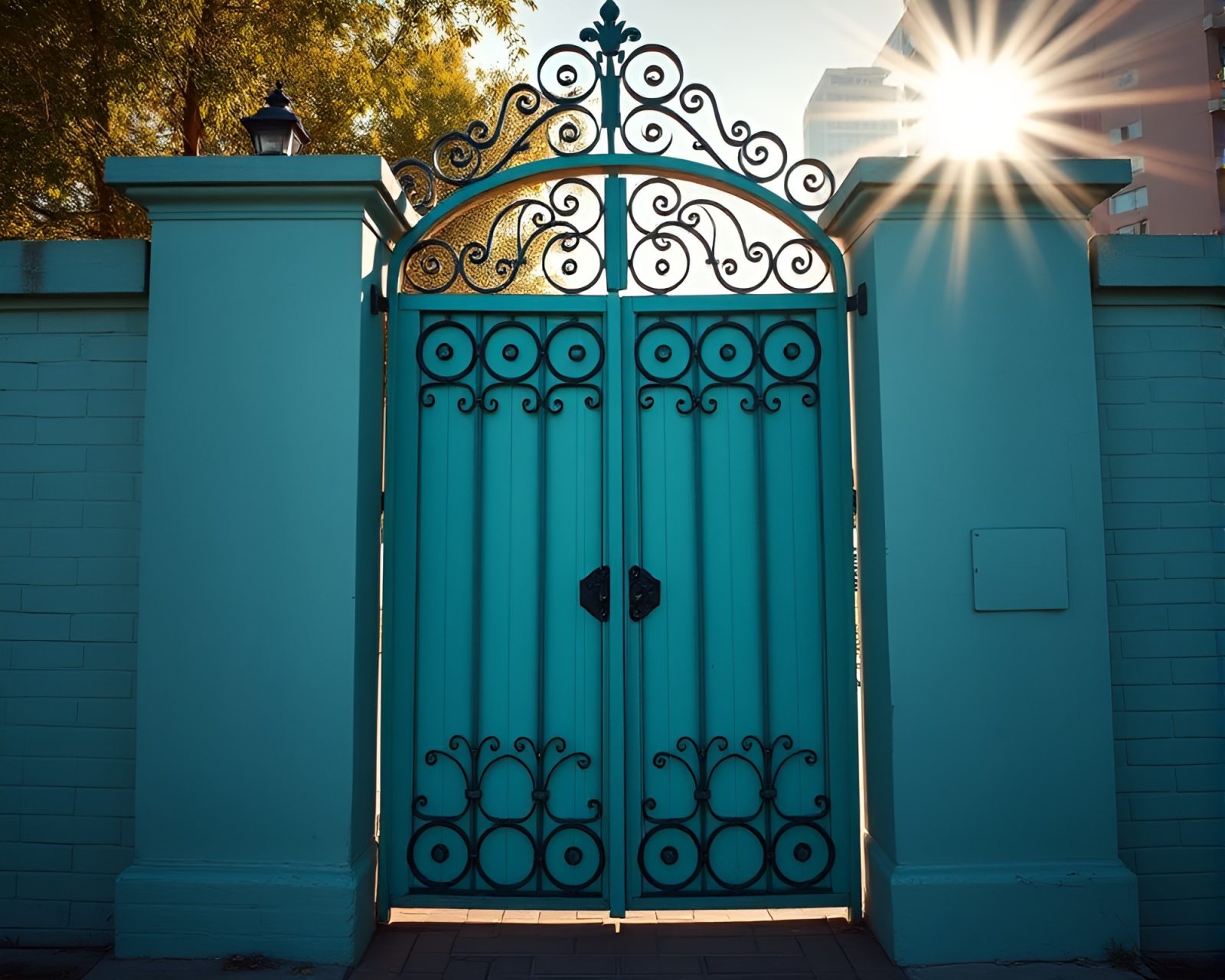 Tranquil scene of a teal wrought iron gate with sun glares