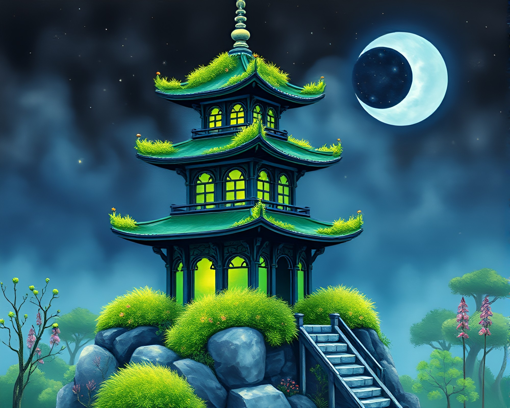 Enchanted Pagoda with Moss Growth Illuminated in Watercolor Wildlife Style – free AI stock image