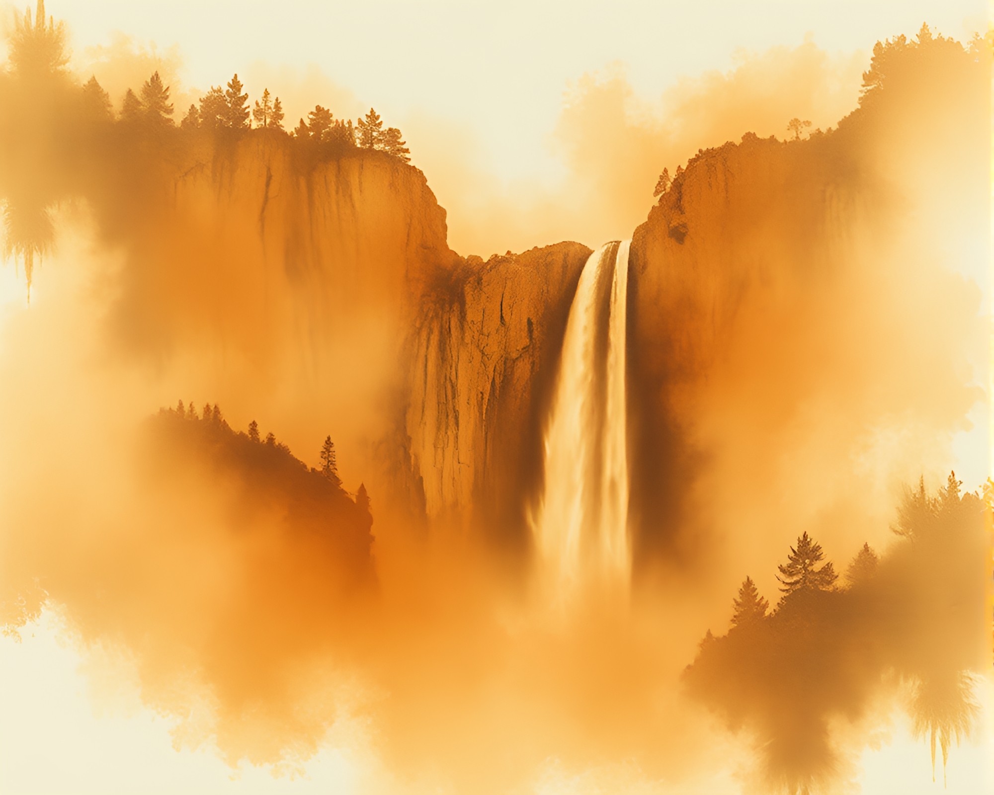 Majestic Waterfall: Dust Overlay Landscape Etching – free AI stock image