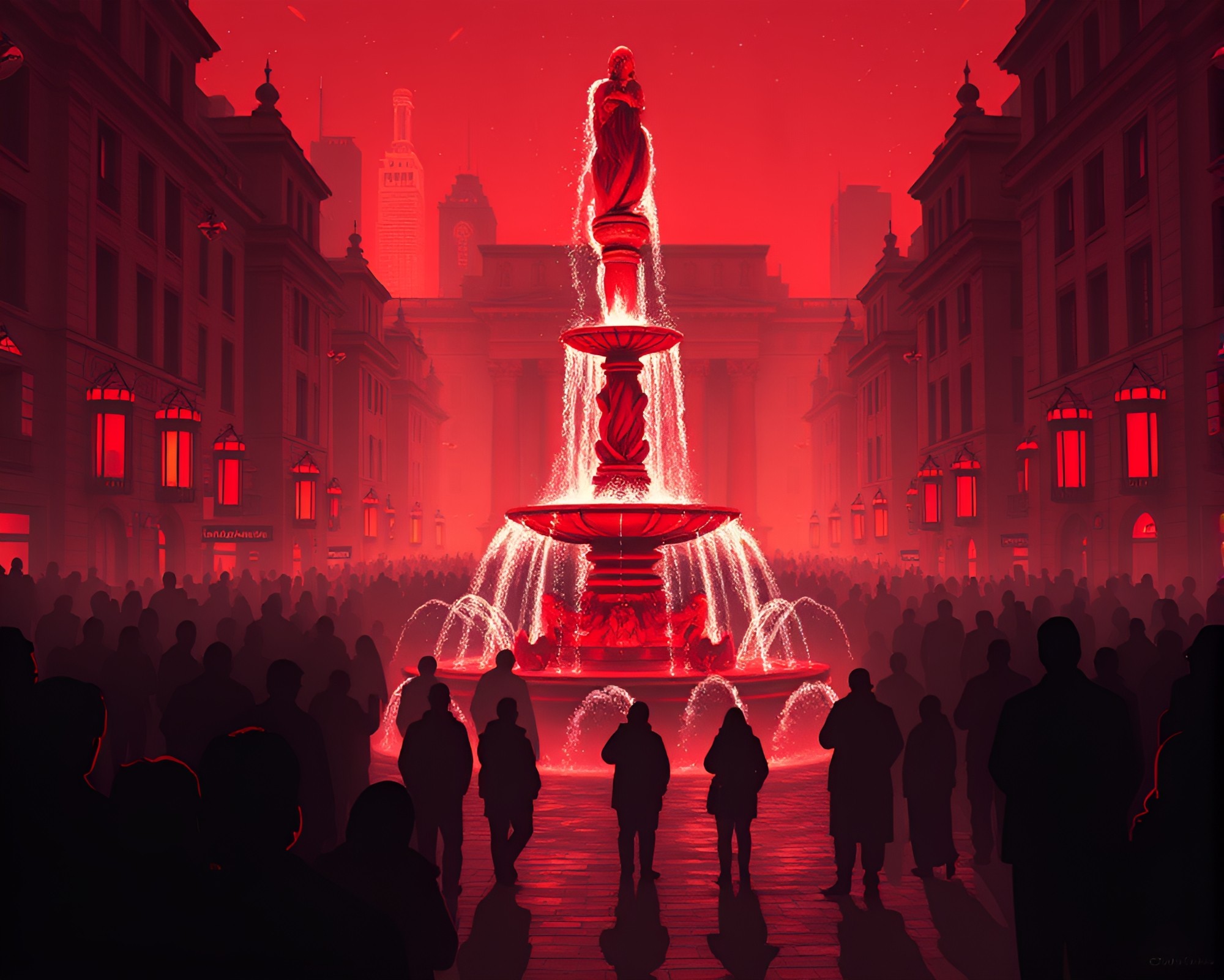 Futuristic Chocolate Fountain Crowd Silhouette Illustration – free AI stock image
